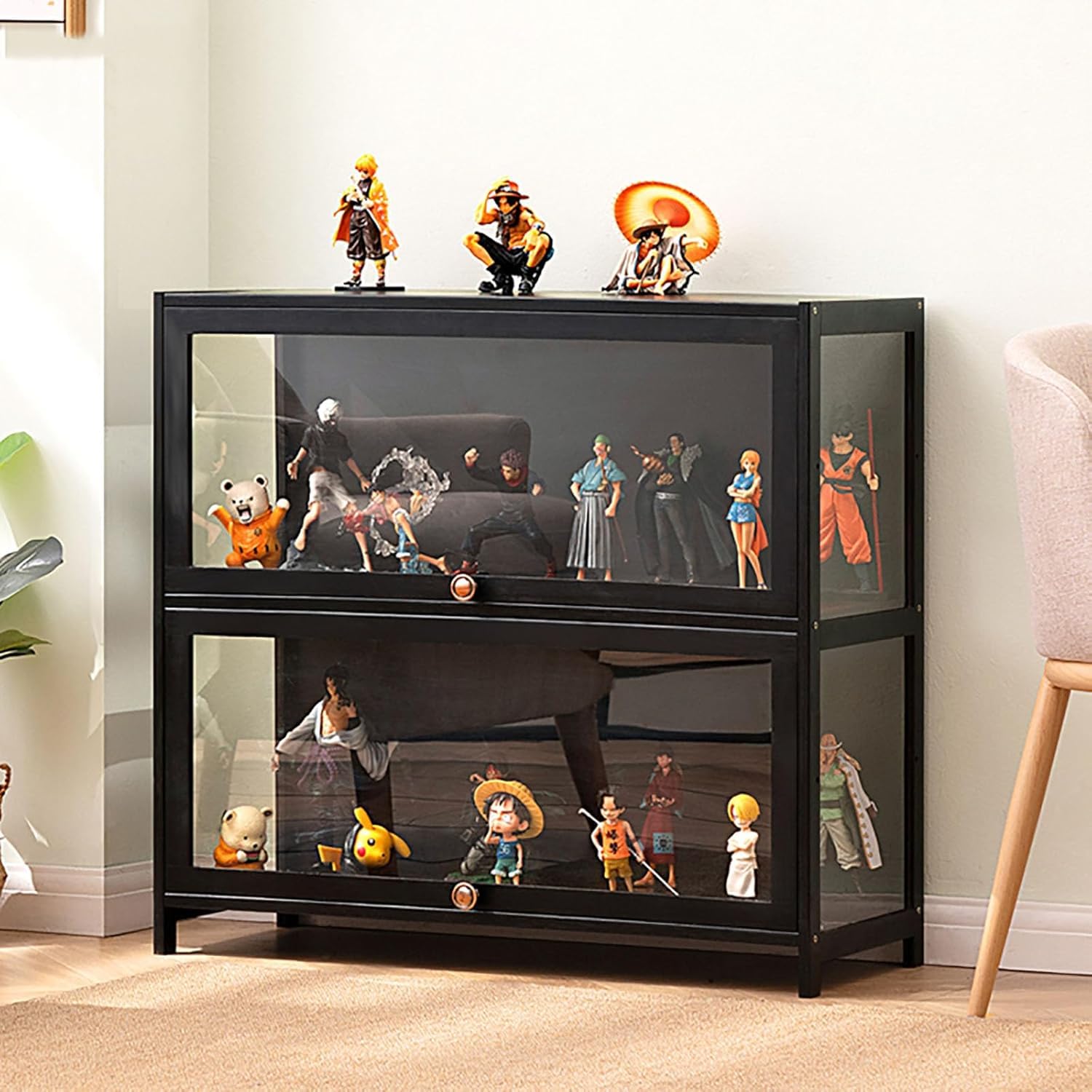 Glasvitrine, Wohnzimmervitrine, Vitrine, Starke, dichte und staubdichte Struktur, geeignet für Verschiedene Szenarien (Zwei Schwarze 80 * 33 * 73 Ebenen transparent auf DREI Seiten)