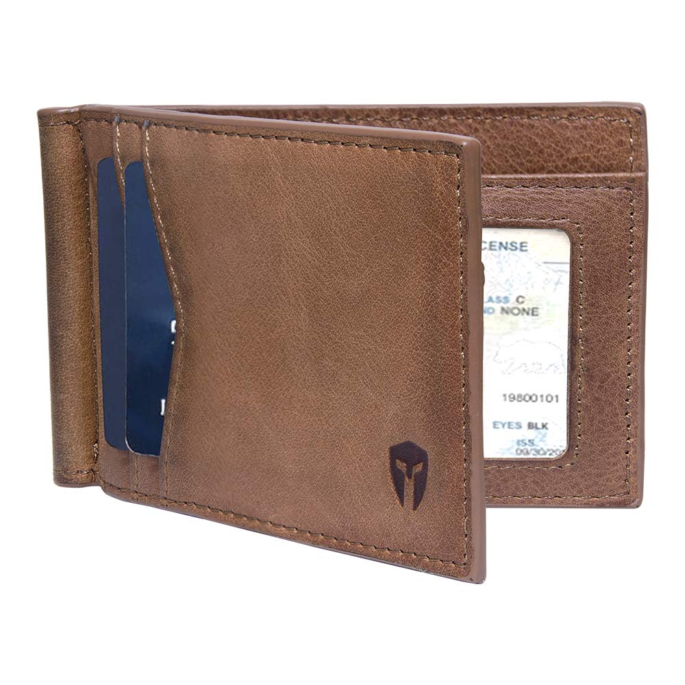 RFID Blocking Slim Minimalist ID Inside Front Pocket Wallet, Money Clip, 9 card Slots, Premium Full Grain Leather (Brown)