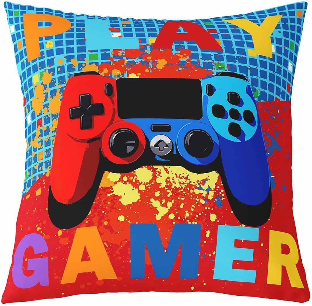 Manfei Gamepad Controller Kids Throw Pillow Cover,Video Game Console Gaming Gamer Double Sides Pillow Case,Geometric Plaid Tie-dye Red Blue Chic Bed Couch Sofa Cushion Cover,Single Pack 22"x22"