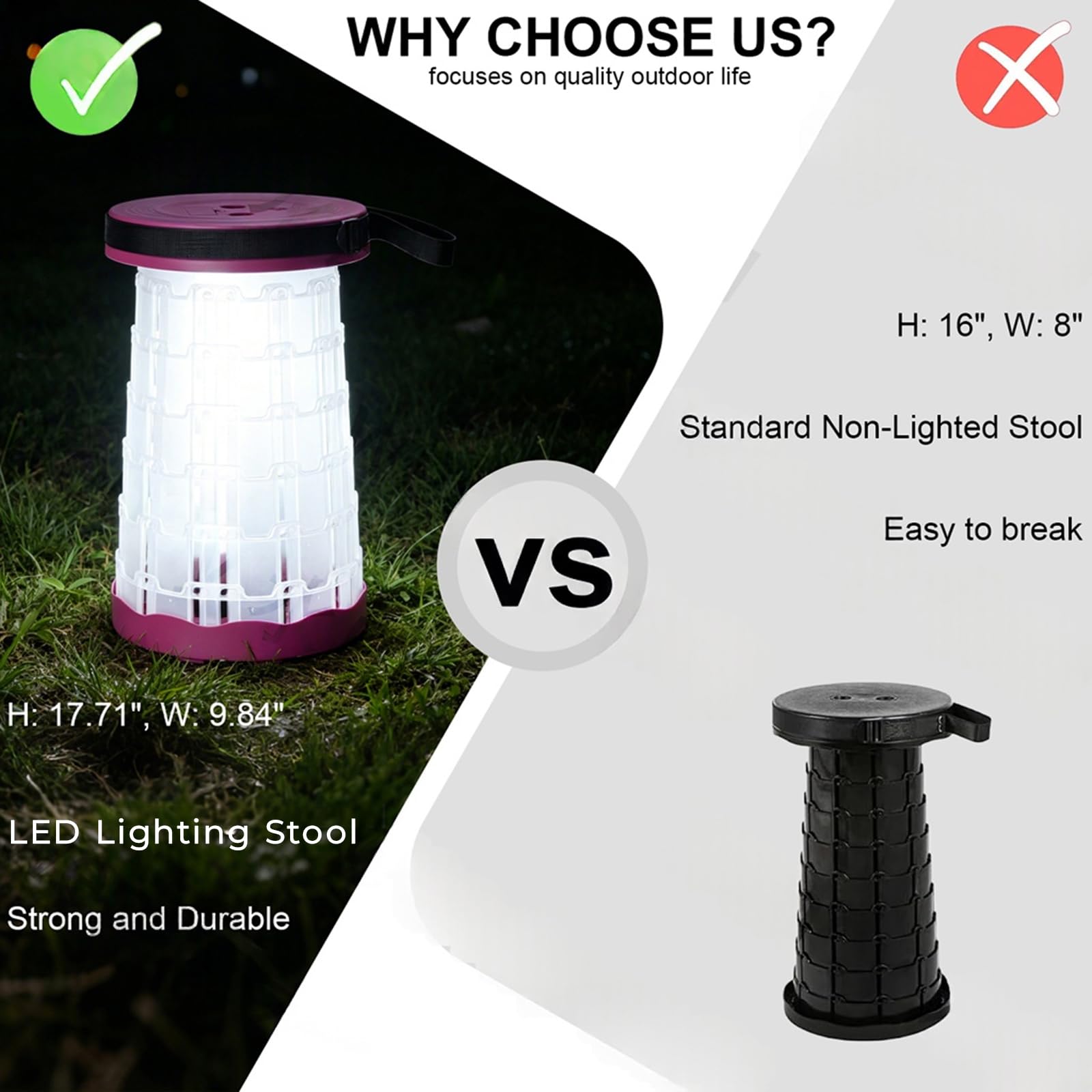 Tabouret de camping télescopique à LED, léger, pliable et portable avec lumière intégrée, pour camping, pêche, barbecue, randonnée et festivals de musique, aspect noir (aspect violet, lumière blanche)