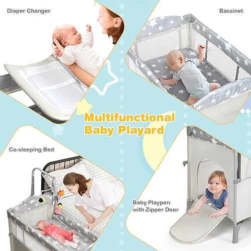 Miniatura 2 de HONEY JOY Empaca y juega con el moisés, cama 5 en 1 con cambiador de pañales y bolsa de almacenamiento, arco de juguete y caja de música, riel