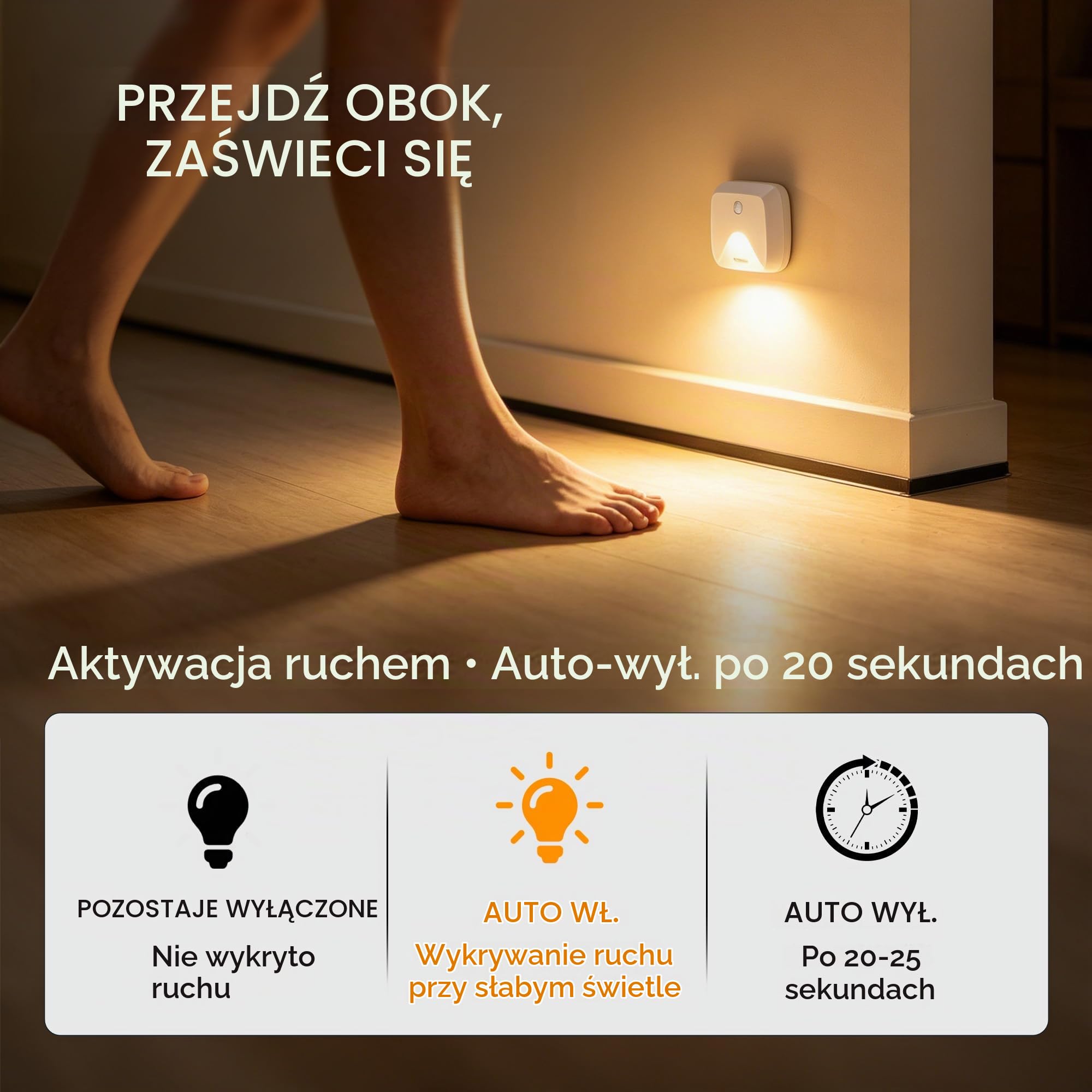 Lampki z czujnikiem ruchu, ciepła biel LED, lampka nocna LED, lampa schodowa, bezprzewodowa lampa do szafy, zasilanie bateryjne, do kuchni, korytarza, sypialni, łazienki, schodów, 6 sztuk