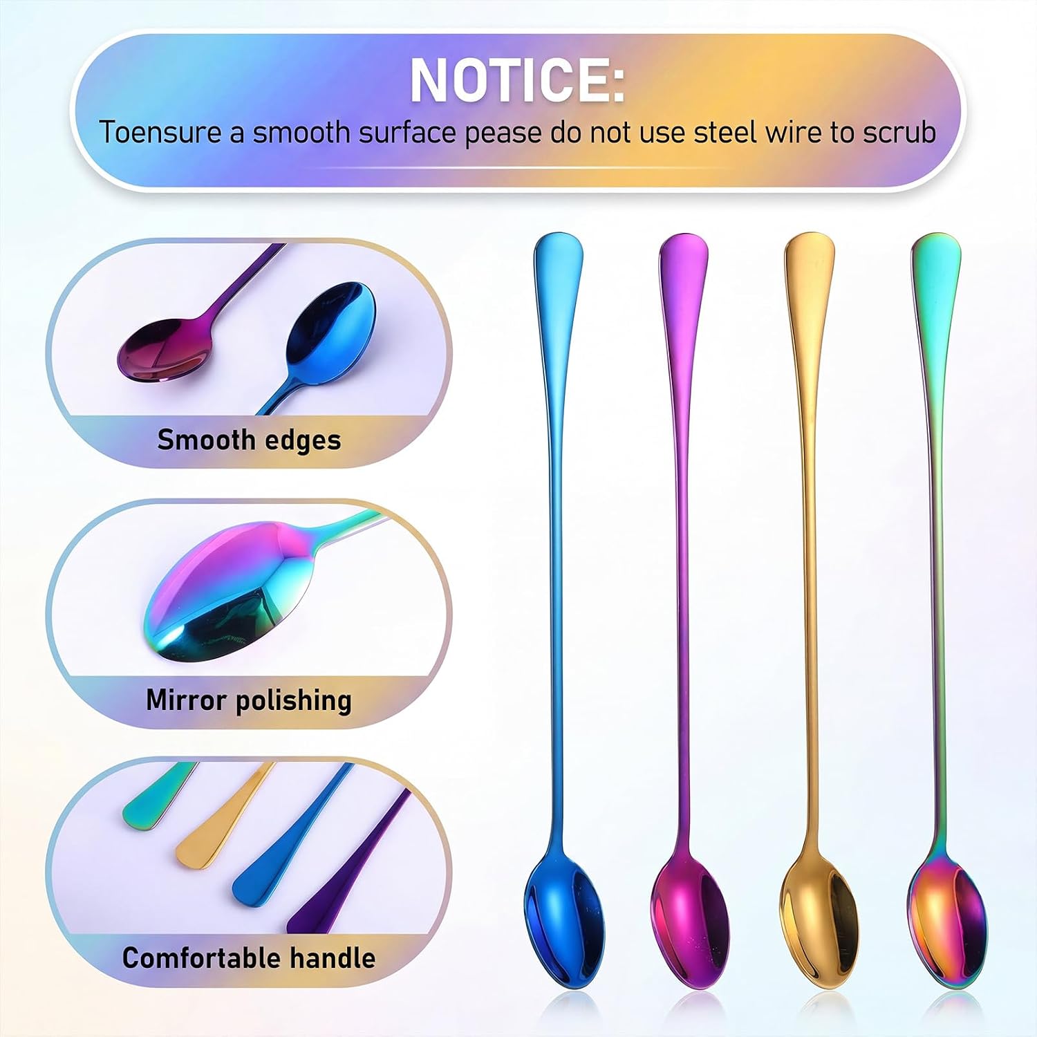 4Pcs Long Bar Handle Spoon Stainless Steel Mixing Stirring Spoons 9.46inch Cocktail Ice Tea Cream Spoon for Iced Tea Coffee Ice Cream Cocktails