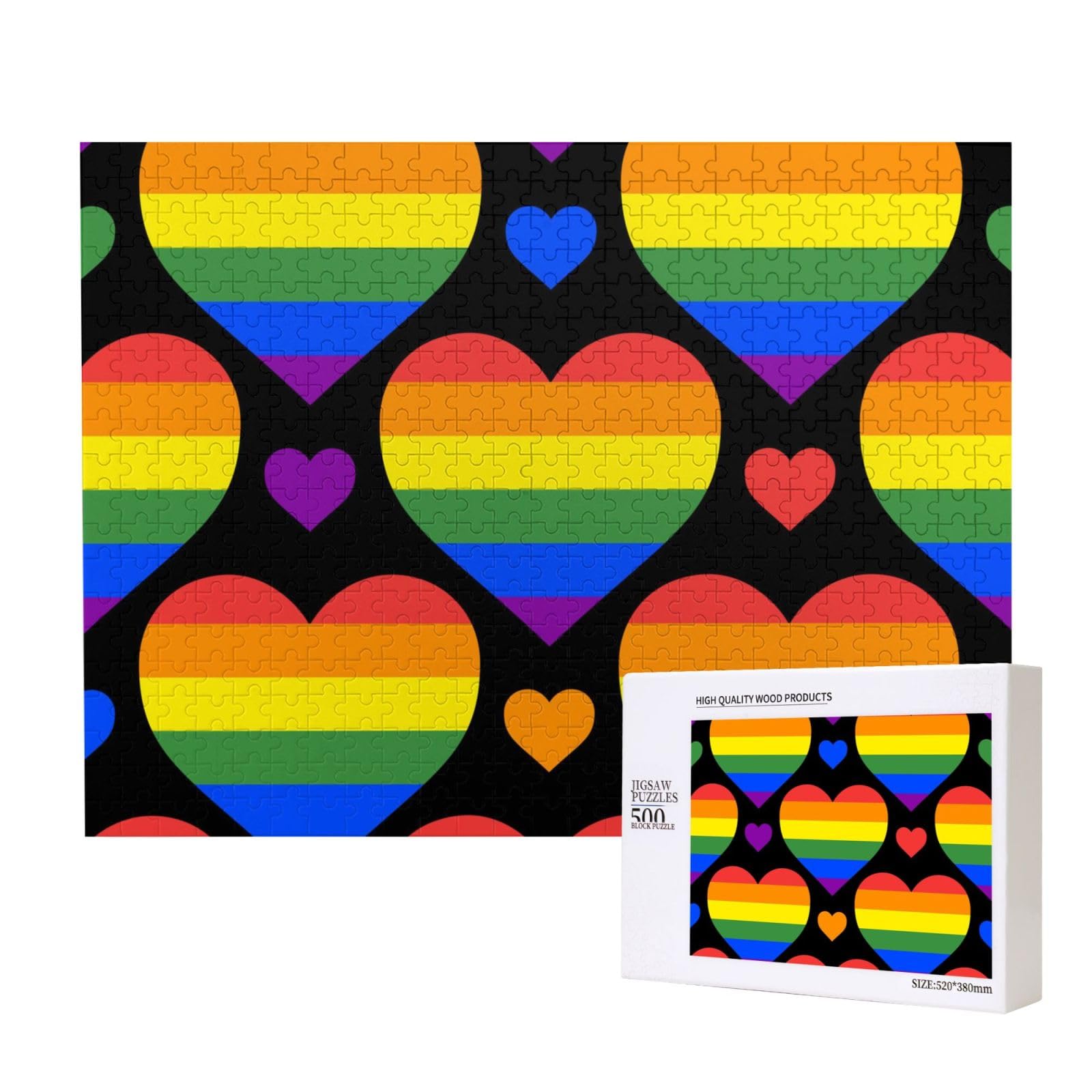 Rainbow Hearts Gay Pride Flag,500 Pieces Wooden Jigsaw Family Game Jigsaw Puzzles for Adults Teens Home Decor