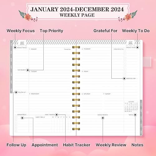 Miniatura 4 de ALLGOD Agenda semanal y mensual 2024 con espiral para mujer, enero de 2024 a diciembre de 2024, agenda anual 2024, agenda diaria con pestañas