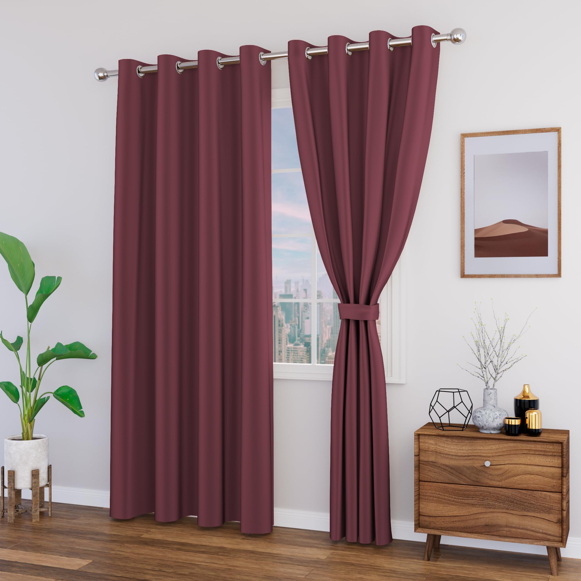 90% Blackout Door Curtains with Tie Back 7 feet 2 Pcs| Room Darkening, Thermal Insulated, Noise Reducing Heavy Polyester Solid Curtains (Wine Colour)