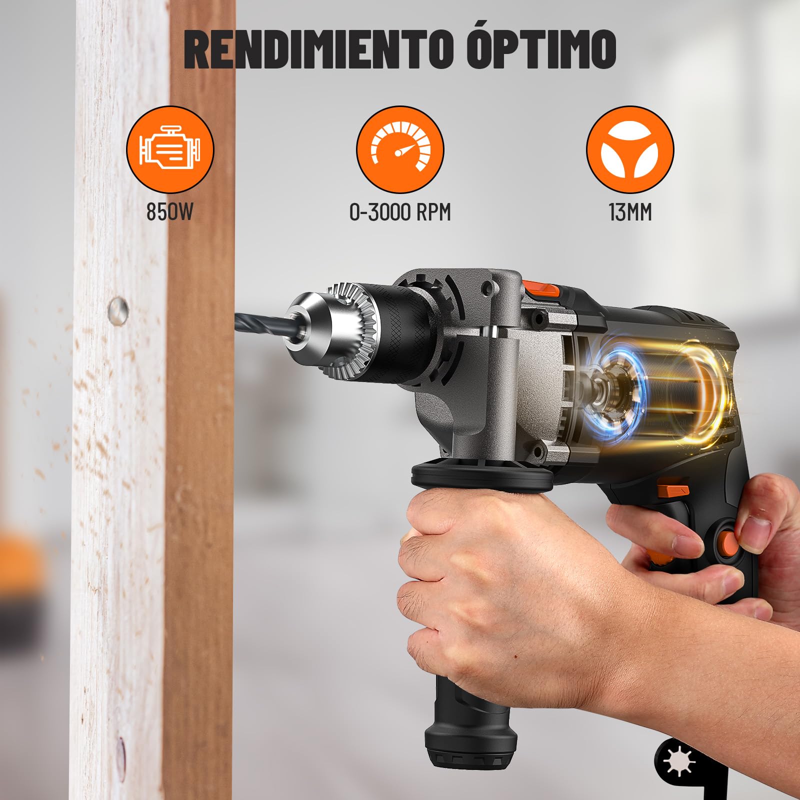 DOVAMAN Taladro Percutor Eléctrico 850W, Función 2 en 1, Mandril de 13 mm, Velocidad Ajustable 0-3000 RPM, Set de Taladro con Cable y Accesorios para Hormigón, Metal, Madera