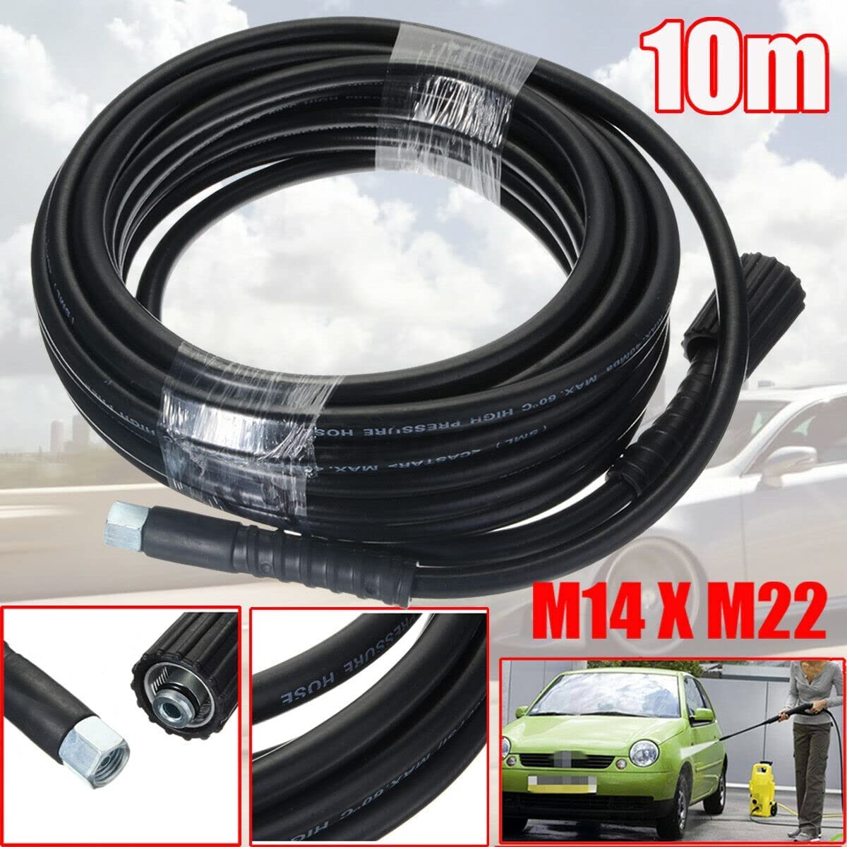YUET Manguera de Repuesto para Lavadora de Alta Presión de 10M para Lavado de Coche, M14 x M22 (14 mm), Manguera de Limpieza, Limpieza de Jardín