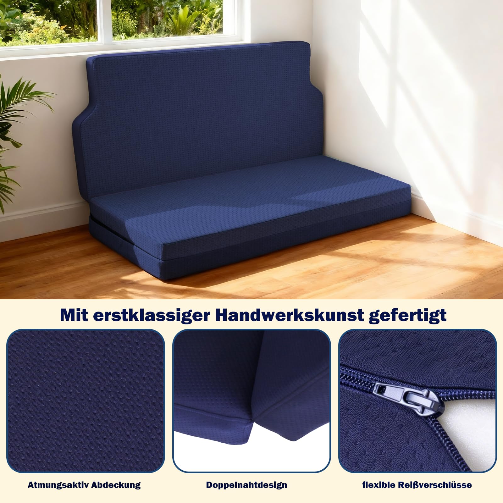 Atmungsaktive kühle komfortable Stoff-Automatratze zum Zusammenfalten kompatibel mit VW T32 T4 T5 T6 T6.1 T7 Multivan California Beach Caravelle Transporter Maße:186×148×8cm Wohnmobil Camper Zubehör