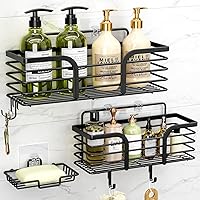 Yougai Rustproof Stainless Steel Shower Caddy Organizer - 3-Pack No-Drill Shelves, Soap Holder & Hooks for Bathroom & Kitchen Storage (Black)