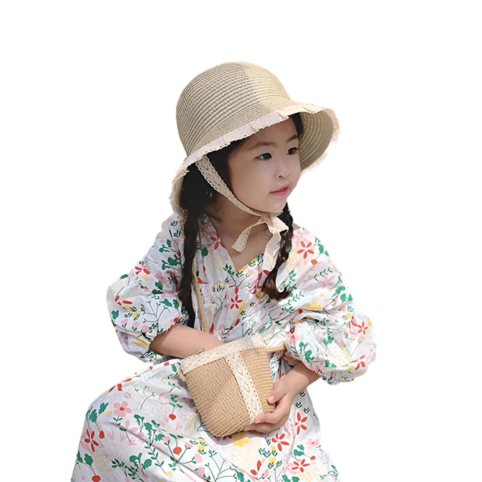 RUIXIA Ensemble Chapeau de Paille et Sac de Paille pour Fille Chapeau de Soleil avec Dentelle pour Fille Chapeaux de Soleil d'été Enfant pour Plage Voyage Randonée 2-5 Ans
