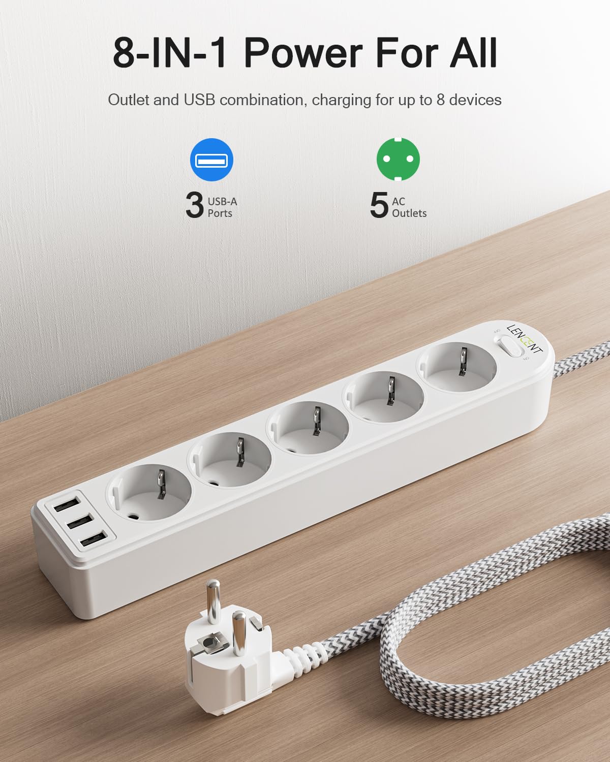 LENCENT 4 Voudige Stekkerdoos Cube Met Platte Stekker, 7 In 1 Stopcontact 20w Pd Qc Snelladen 2m Gevlochten Kabel Power Strip 4000w Meervoudige Verlengsnoer Schakelaar Thuis Verdeelstekker 787312095