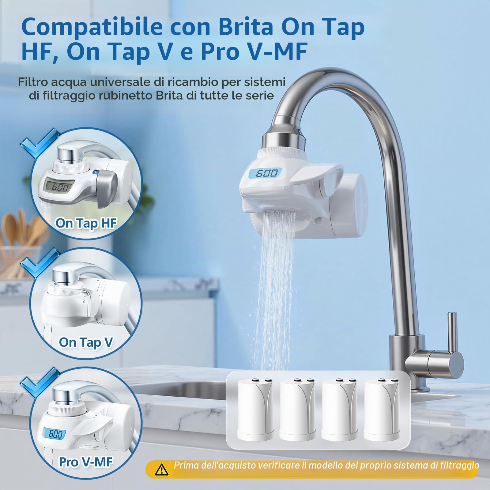 Cartuccia filtrante per rubinetto Brita On Tap HF/V/V-MF da 600 l, filtro dell'acqua per cartuccia filtro BRITA On Tap V (4 pezzi)