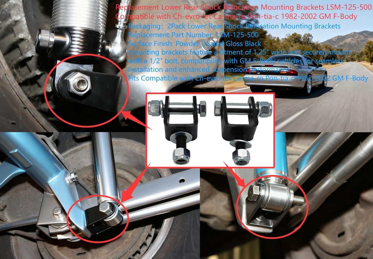 Replacement Lower Rear Shock Relocation Mounting Brackets LSM-125-500 Compatible with Ch-evro-let Ca-ma-ro Pon-tia-c 1982-2002 GM F-Body（2Pack