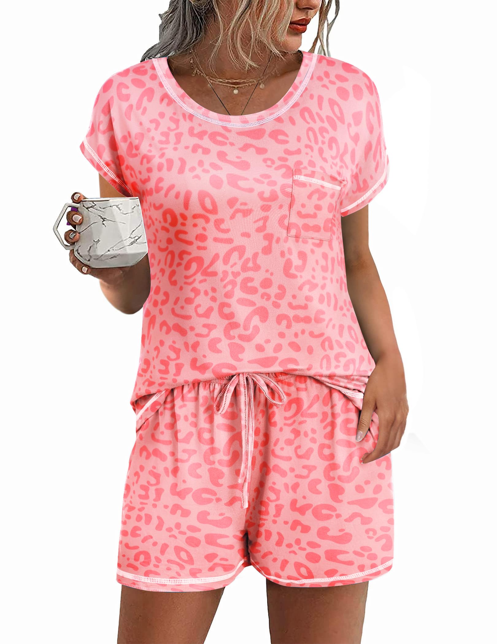 Ekouaer Women's 2 Piece Pajama Set Short Sleeve Tops and Shorts Soft Sleepwear with Pockets 