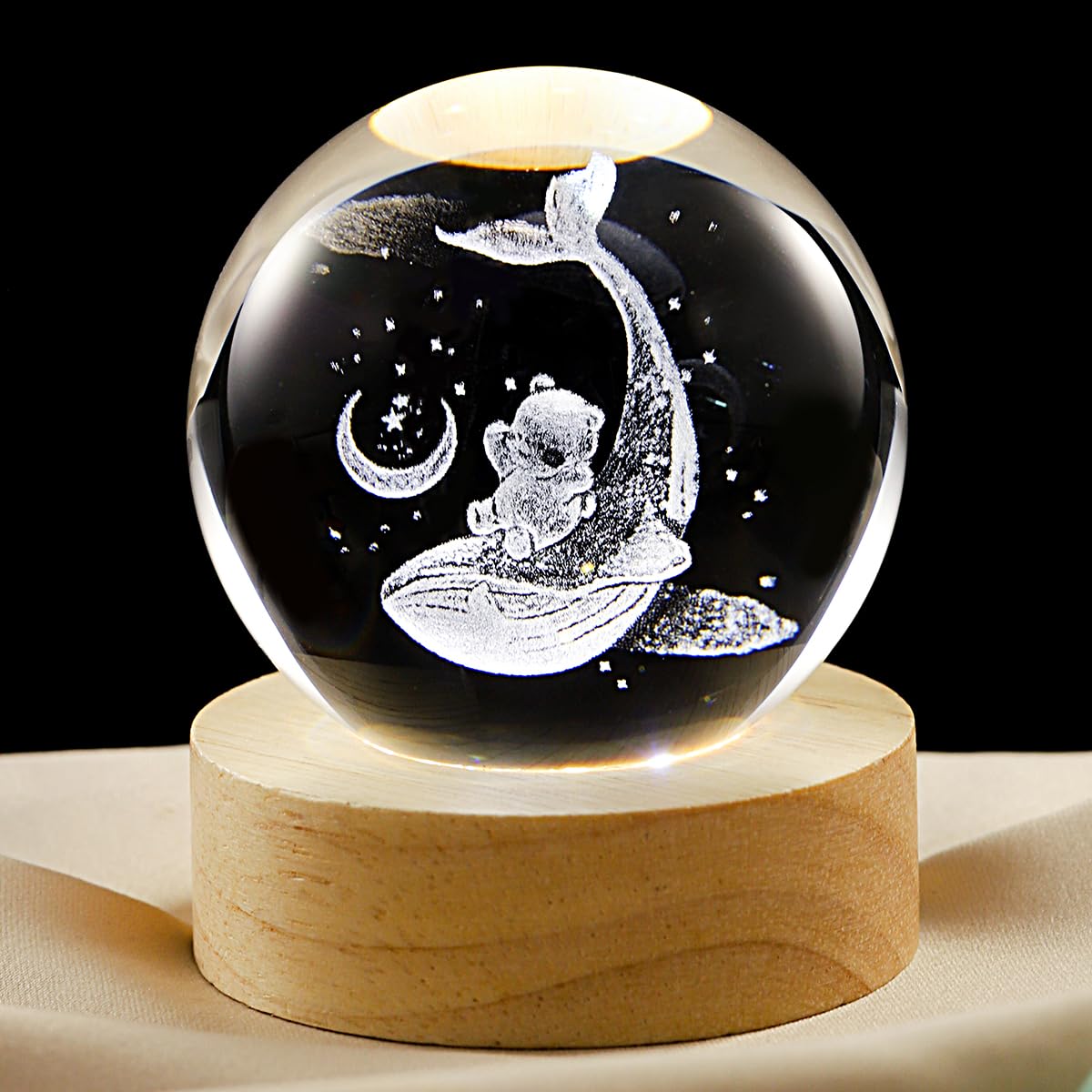 3D Whale Crystal Ball Lamp with Dimmable LED and Wooden Base, Night Light for Kids Teens Adults, Home Desk Office Bedroom Decor, Birthday Gift (2.4”/ 6cm)