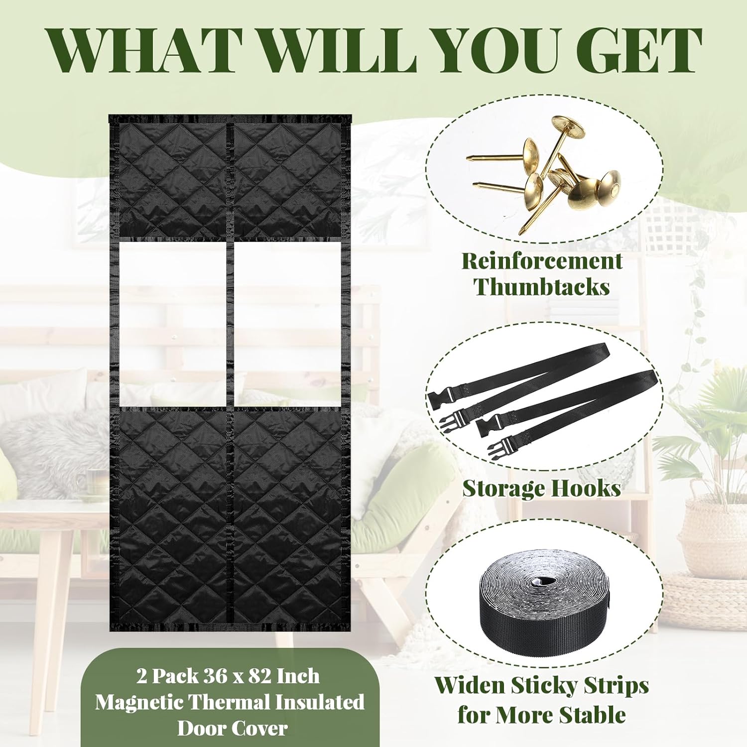 Newwiee 2 Pack Magnetic Thermal Insulated Door Curtain Winter Windproof Doorway Cover Curtain Visible Window Keep Warm Soundproof Blanket(Fits Door Size 32 x 80 Inch,Windows Black)