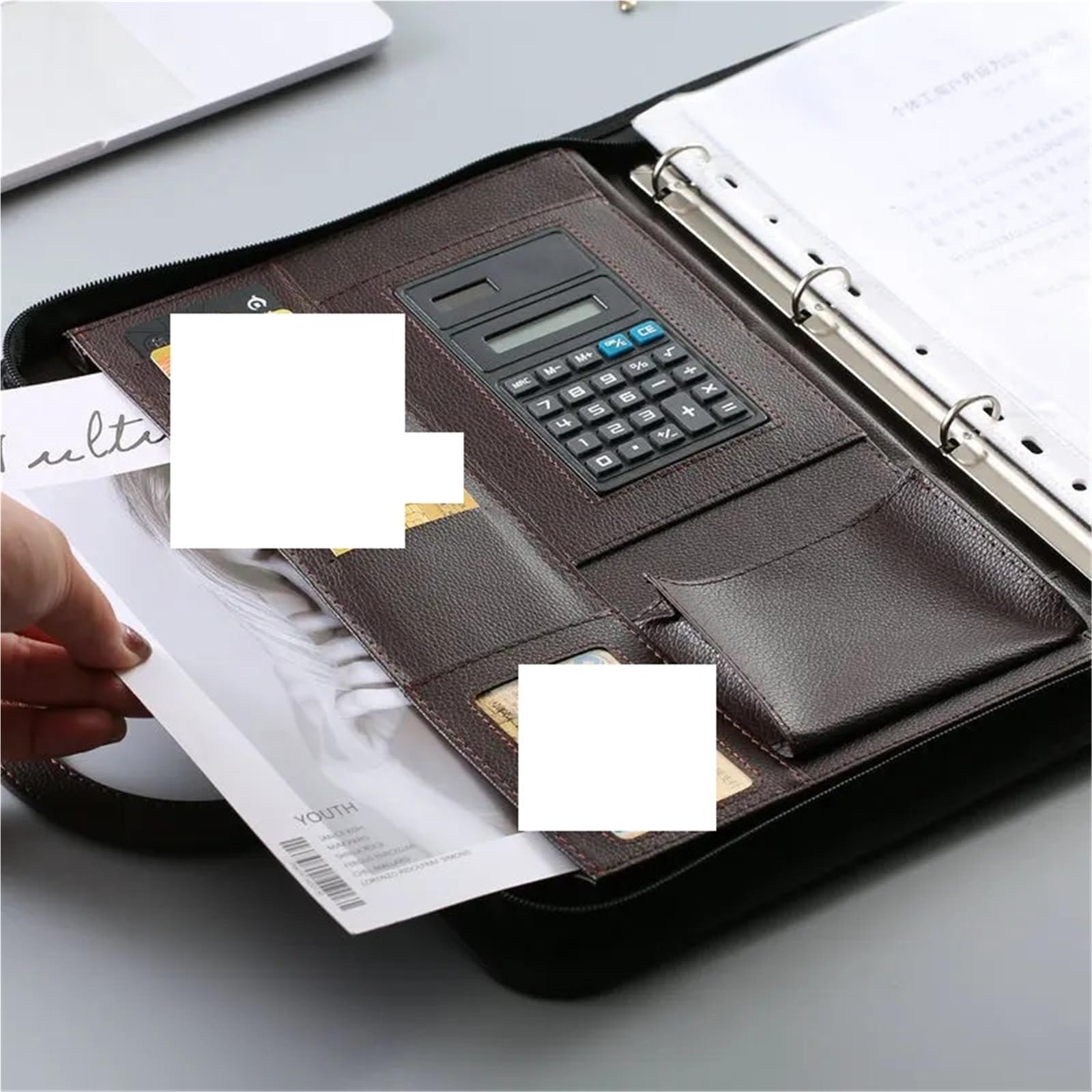 Custodia Portadocumenti In Pelle Cartella portadocumenti portatile multifunzionale in pelle con cerniera A4, for ufficio, porta biglietti da visita, borsa in(Black single shell)