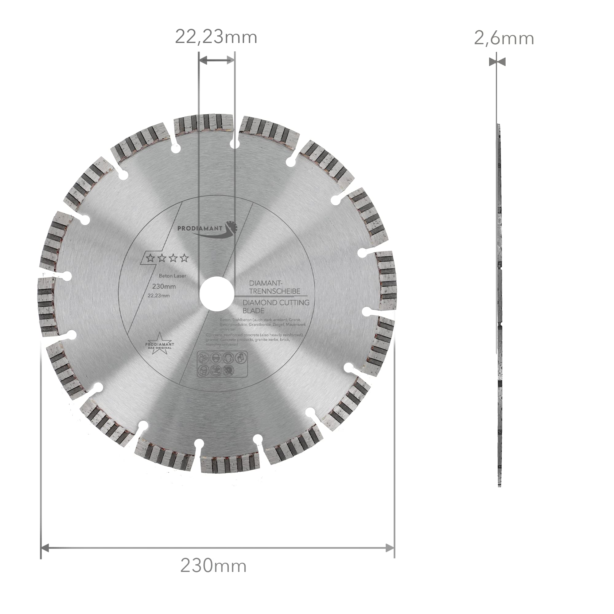 PRODIAMANT Disco da taglio diamantato Premium per calcestruzzo 230 mm x 22,2 mm disco da taglio diamantato saldato al laser