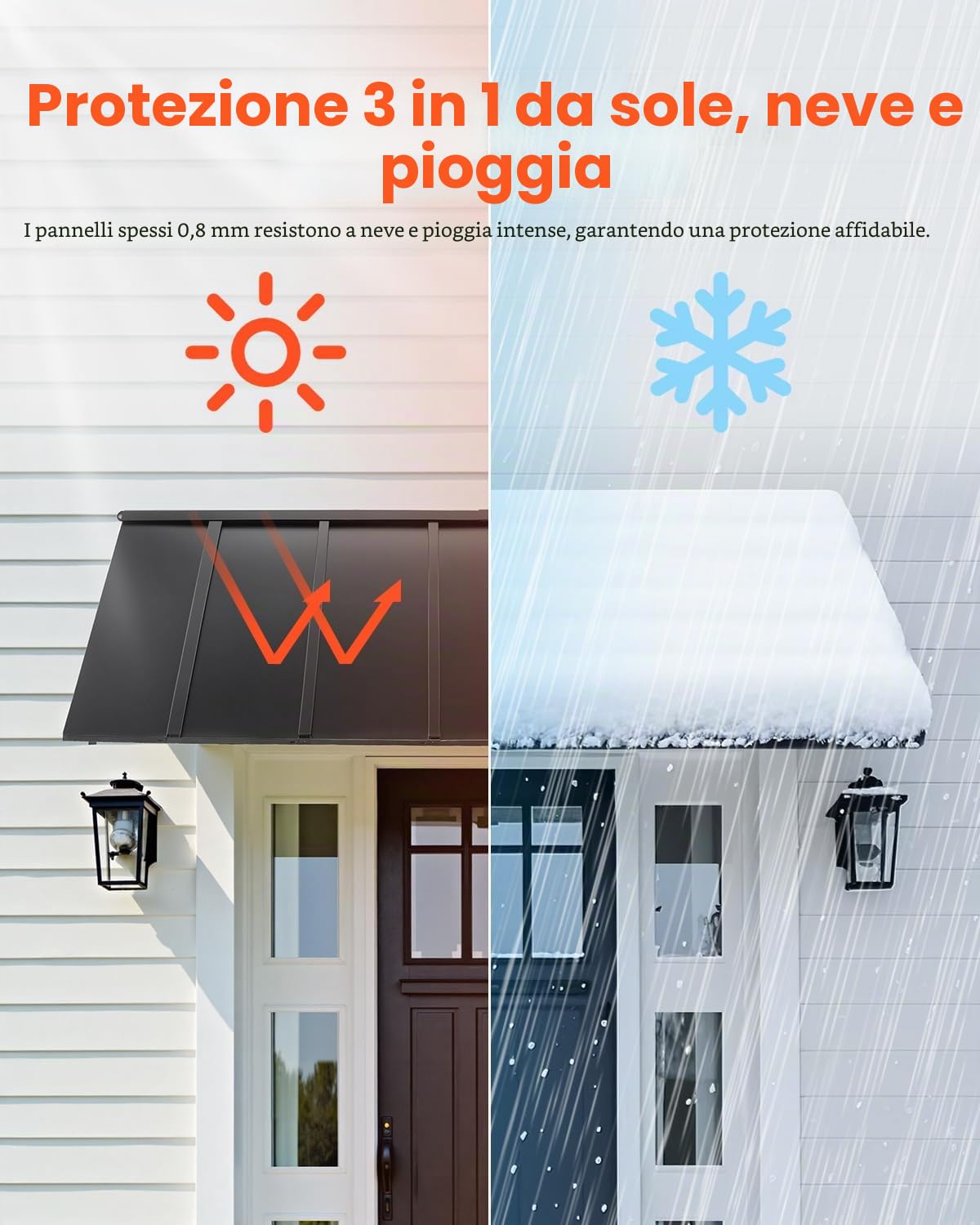 VEVOR Pensilina per Finestra Porta da 2032 x 910 mm Tettoia per Porta Ingresso, Acciaio Verniciato a Polvere Antiruggine, Pensilina per Patio Esterno, per Protezione da Pioggia, Neve e Luce Solare