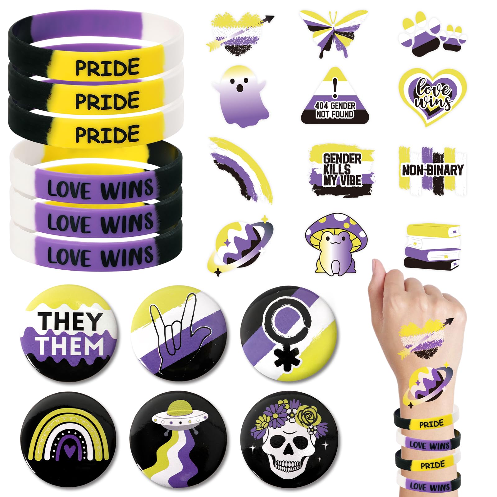 Sinasasspel 24 pcs Non-Binary Pride Month Decorations 6 Silicone Bracelets Wristband 6 Badge Pins Buttons 12 Temporary Tattoo Stickers Non-Binary Pride Accessories LGBTQ+ Pride Party Favors Gift Set