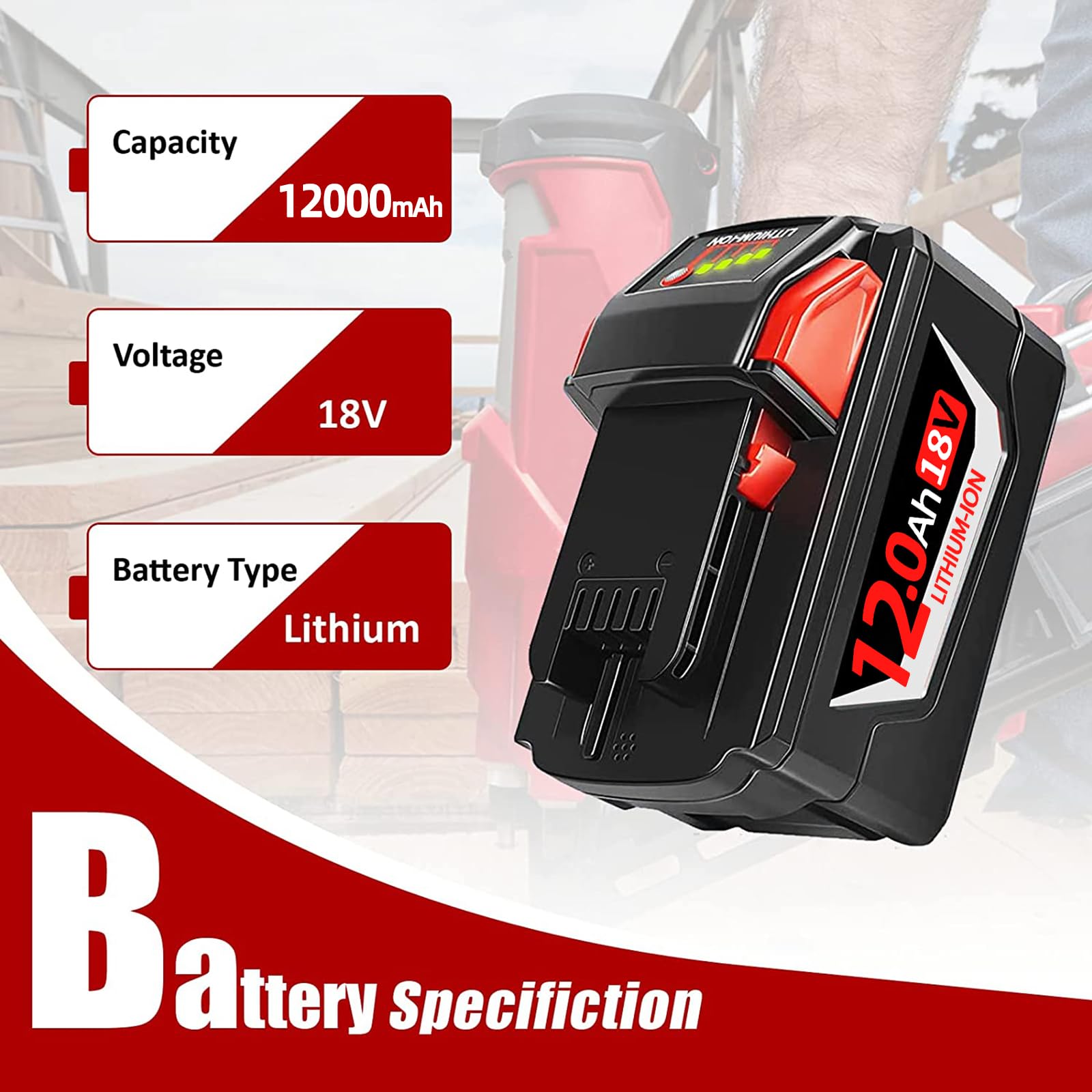 12Ah 18V Ersatzakku für Milwaukee M18 Akku Pack mit M18 Ladegerät Kompatibel mit Milwaukee M18 Lithium Akku 48-11-1890,48-11-1850, 48-11-1828, 48-11-1820,48-11-1815 Cordless Tools (12.0-2)