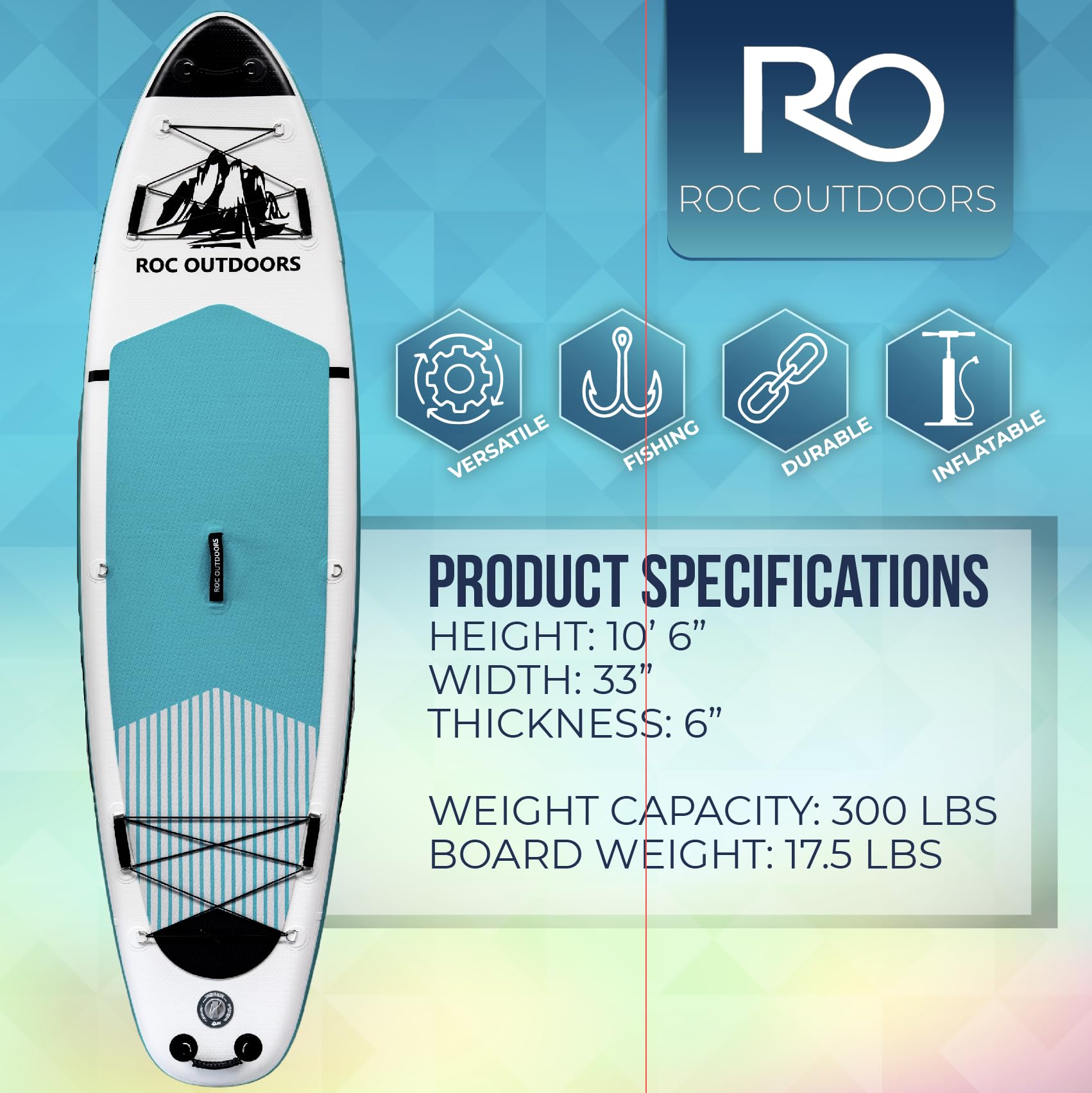 Roc - Tablas de surf de remo inflables, con accesorios, amplias y estables, superficie antideslizante y cómoda, infantiles y para personas adultas (verde azulado)