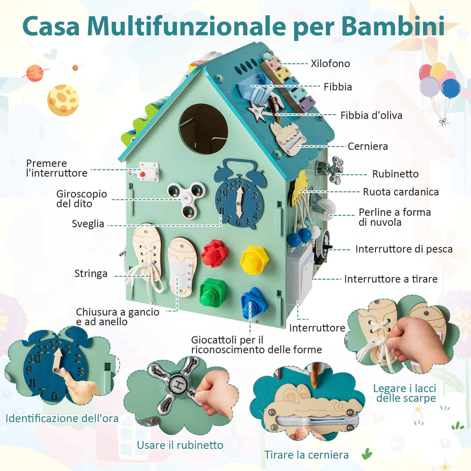 COSTWAY Occupato Montessori per Bambini, Casa da Gioco Montessori con Giochi Sensoriali e Spazio Interno, Giocattolo Educativo e Regalo per Bambini 3 Anni+ (Blu)