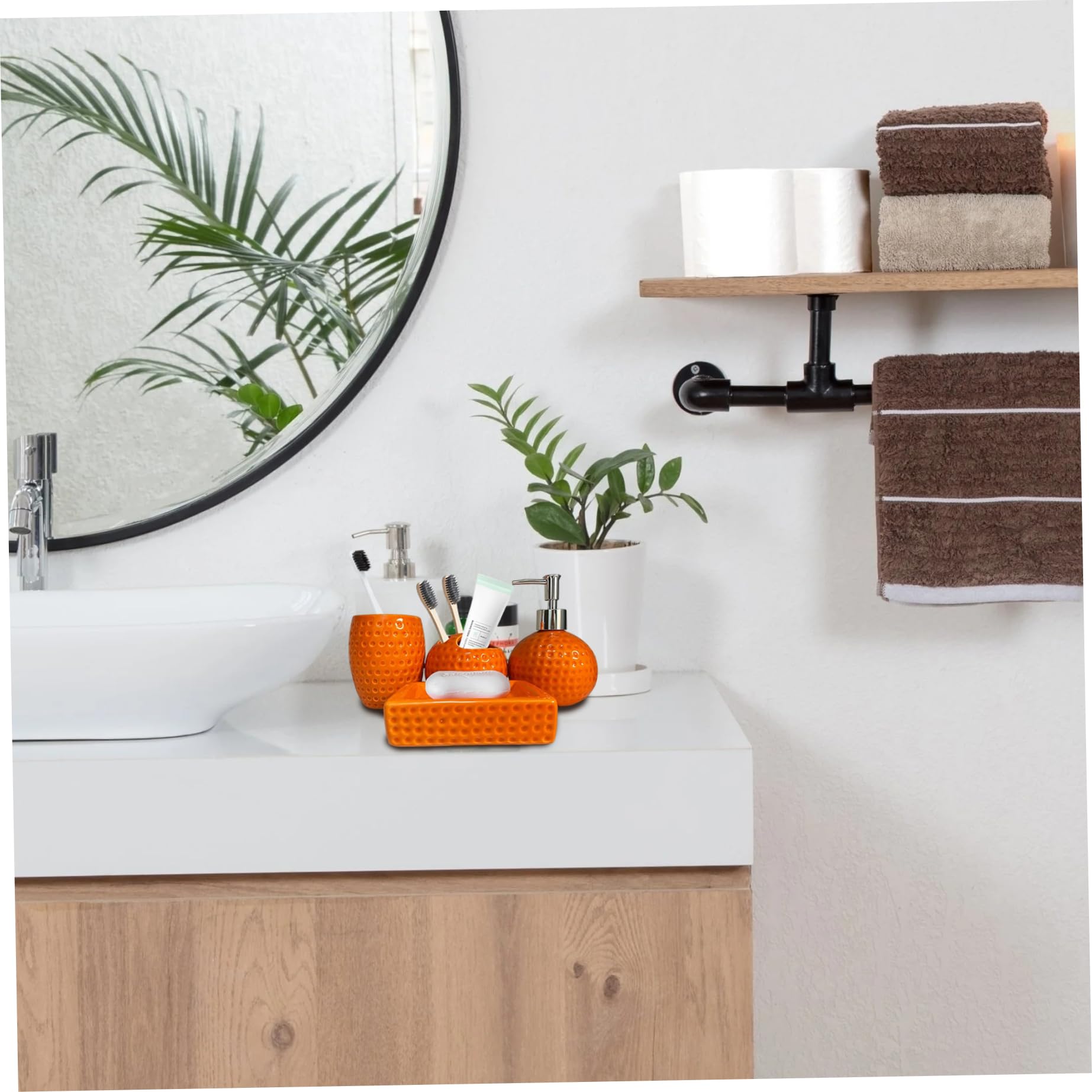 Juego de baño Naranja de 4 Piezas, Accesorios de baño de cerámica Naranja Que Incluyen portacepillos de Dientes, Vaso, dispensador de loción y jabonera para casa y Hotel.