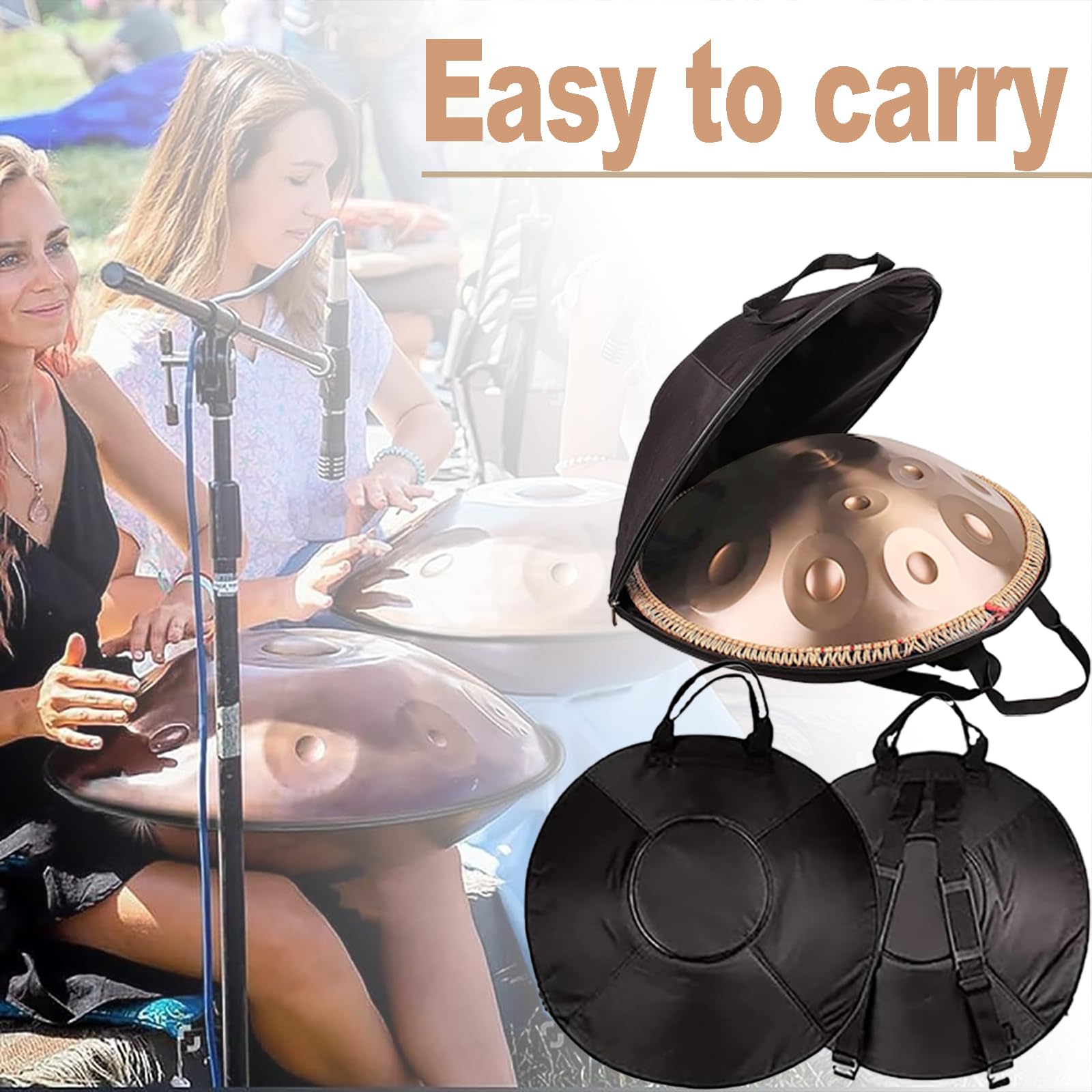 Handpan Drum Tambour en acier mineur D 10 tons 66 cm 440 Hz Instrument de tambour pour yoga, méditation avec sacs à main, support de batterie, chiffon (argenté, 10 tons)