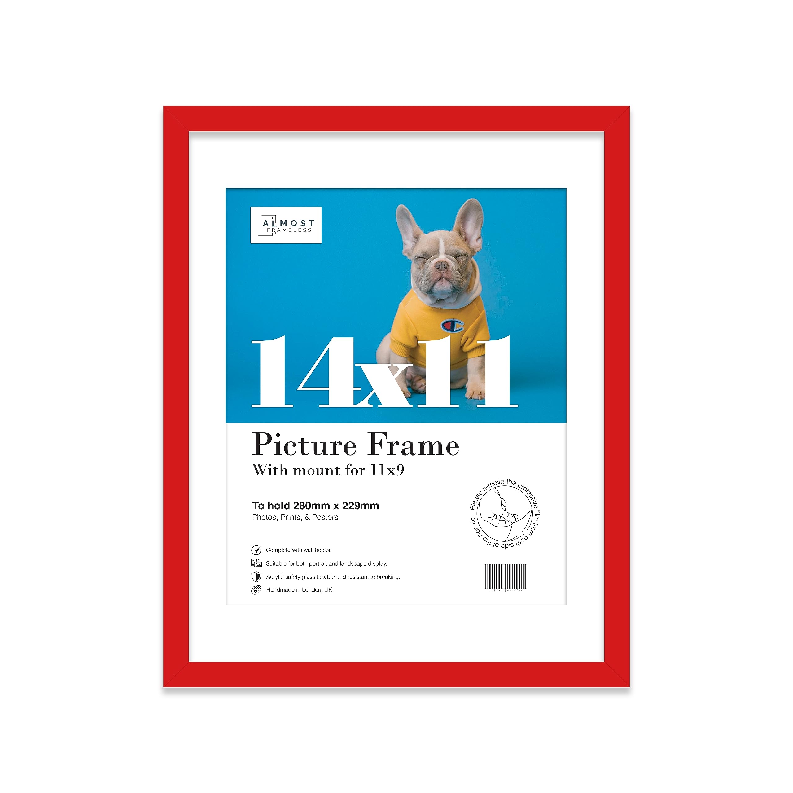 Almost Frameless 14x11 Red Picture Frame With Mount for 11x9 Print, Poster or Photo Poster, Photo, Artwork, or Print. Thin Edge Slim Frame Portrait and Landscape Display with Wall Hooks