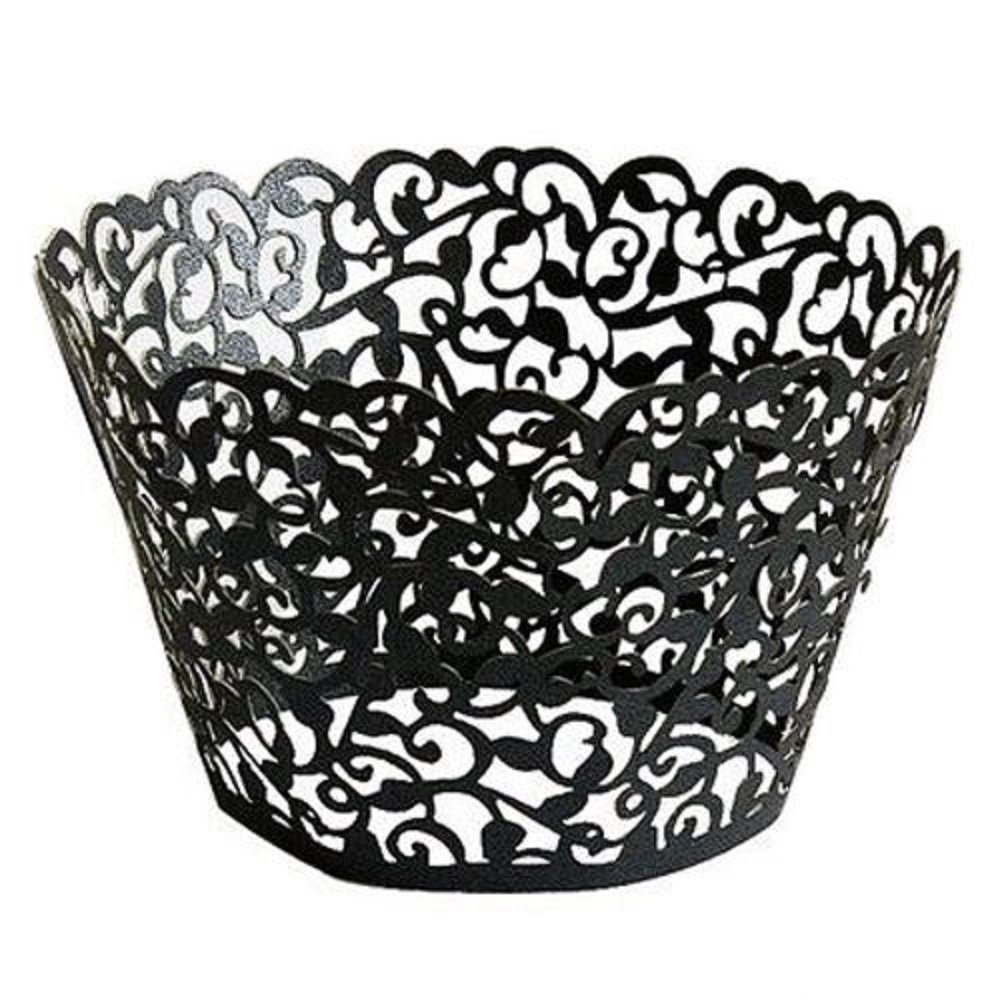 AKALittle Flower Vine Lace Laser Cut Cupcake Wrappers Wraps Liners Baking Cup Muffin Case Trays Wedding Birthday Party Decoration (25pcs, Black)
