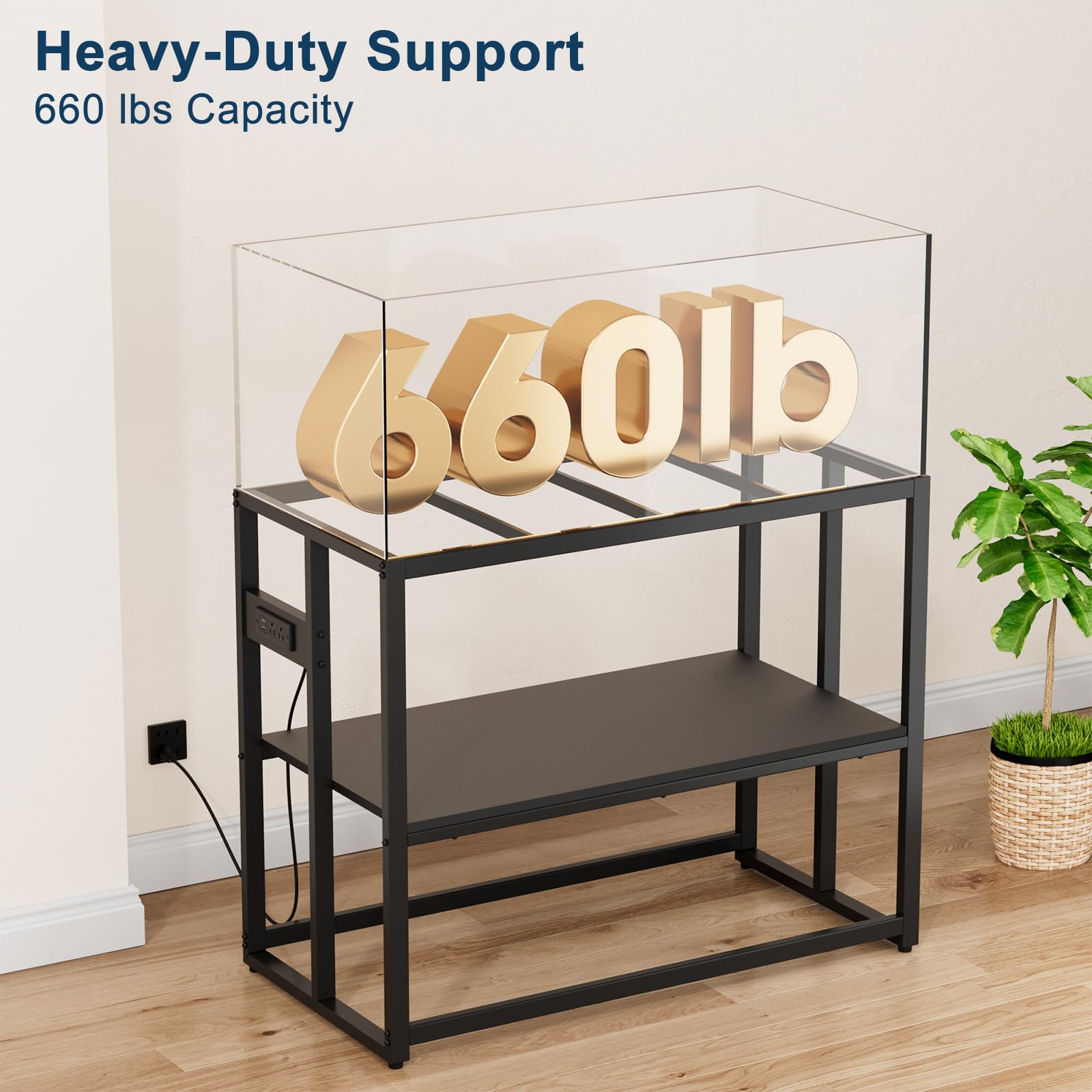 Urban Deco Support d'aquarium de 40 gallons avec prises de courant, capacité de 300 kg, support d'aquarium en métal, support de terrarium à double couche, noir