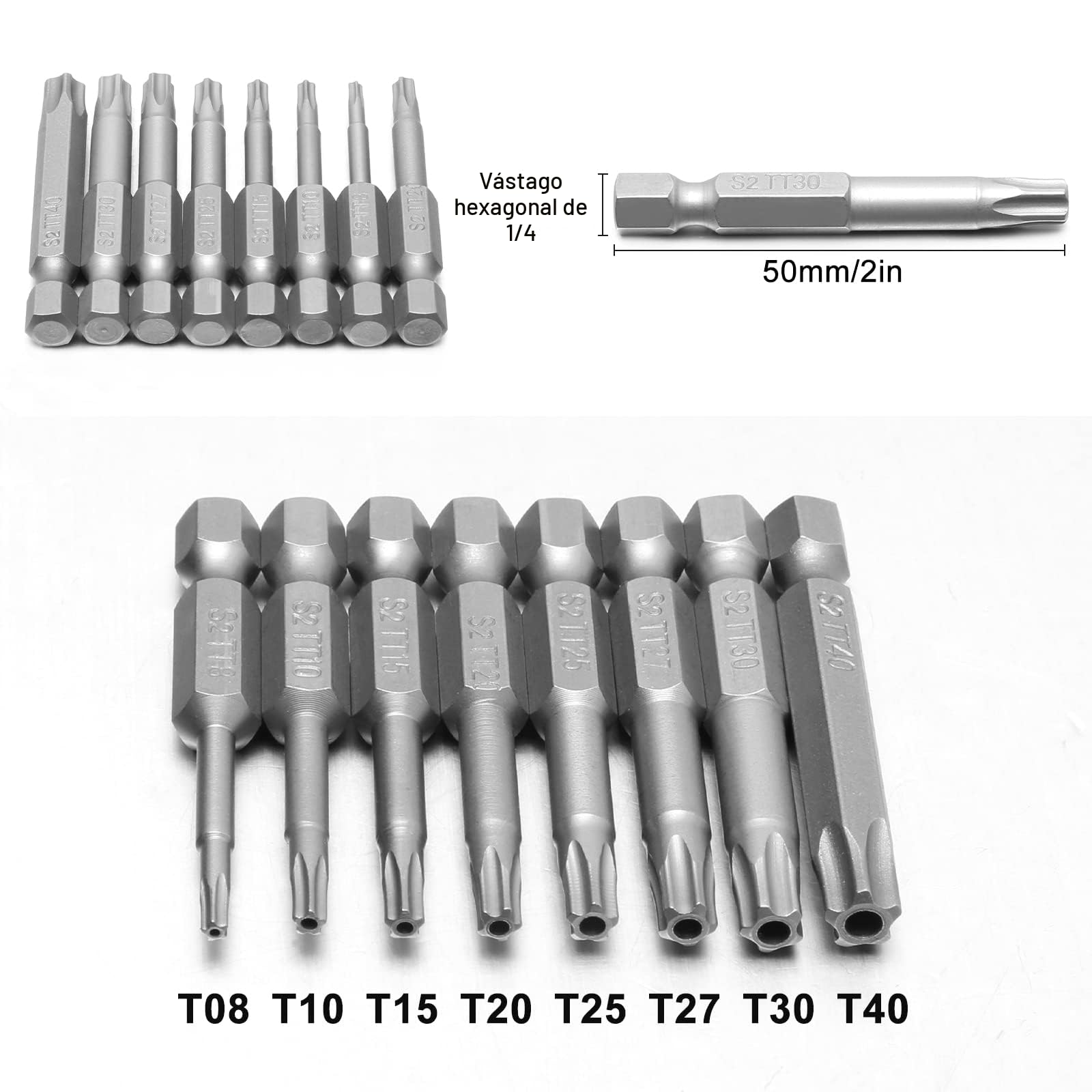 Juego de 8 puntas de destornillador Torx de 5 puntos, cabeza de seguridad Torx magnética de 1/4 pulgadas, T8 T10 T15 T20 T25 T27 T30 T40, S2