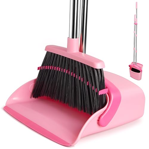 XXFLOWER Broom and Dustpan Set, Dustpans with Broom Combo for Home, Heavy Dust Broom and Dustpan Combo, Long Handle Dust Pan and Broom Set for Kitchen, Office, Pet Hair,Pink, Pack of 1