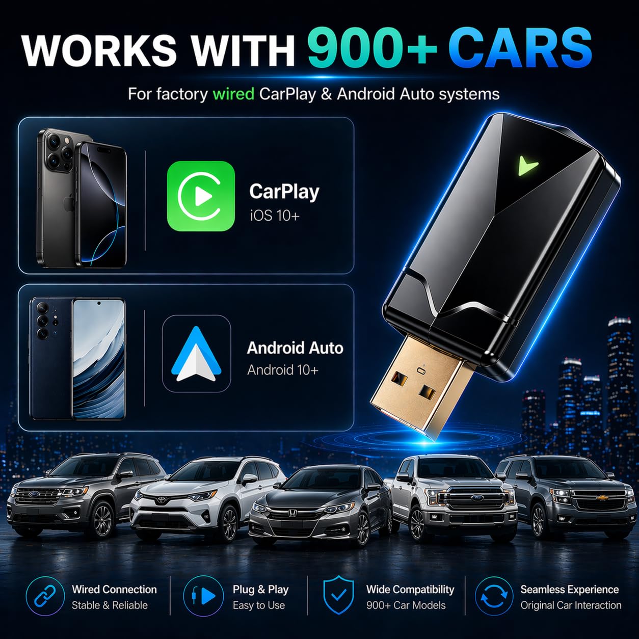 Adaptateur CarPlay sans Fil Android Auto Wi-Fi 5,8GHz Plug & Play iOS 10+ Android 10+ pour Voitures 2016+