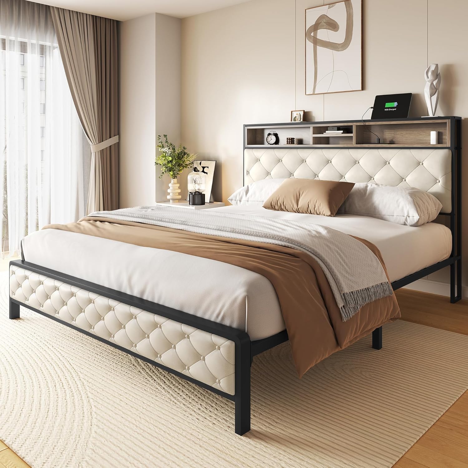 queen size bed frame with charging station, upholstered storage platform bed with headboard & footboard, queen bedframe with metal slats supports, no box spring needed