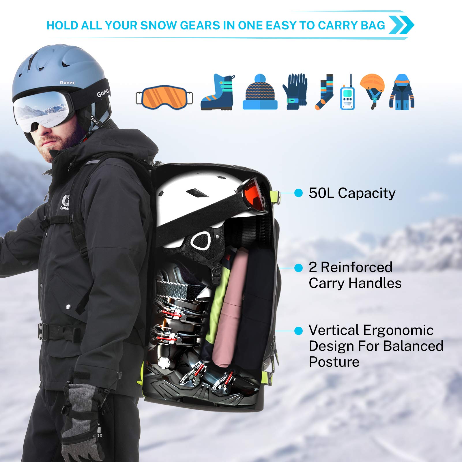 Gonex 50L Ski Boot Bag Backpack, Waterproof Travel Snowboard Boot