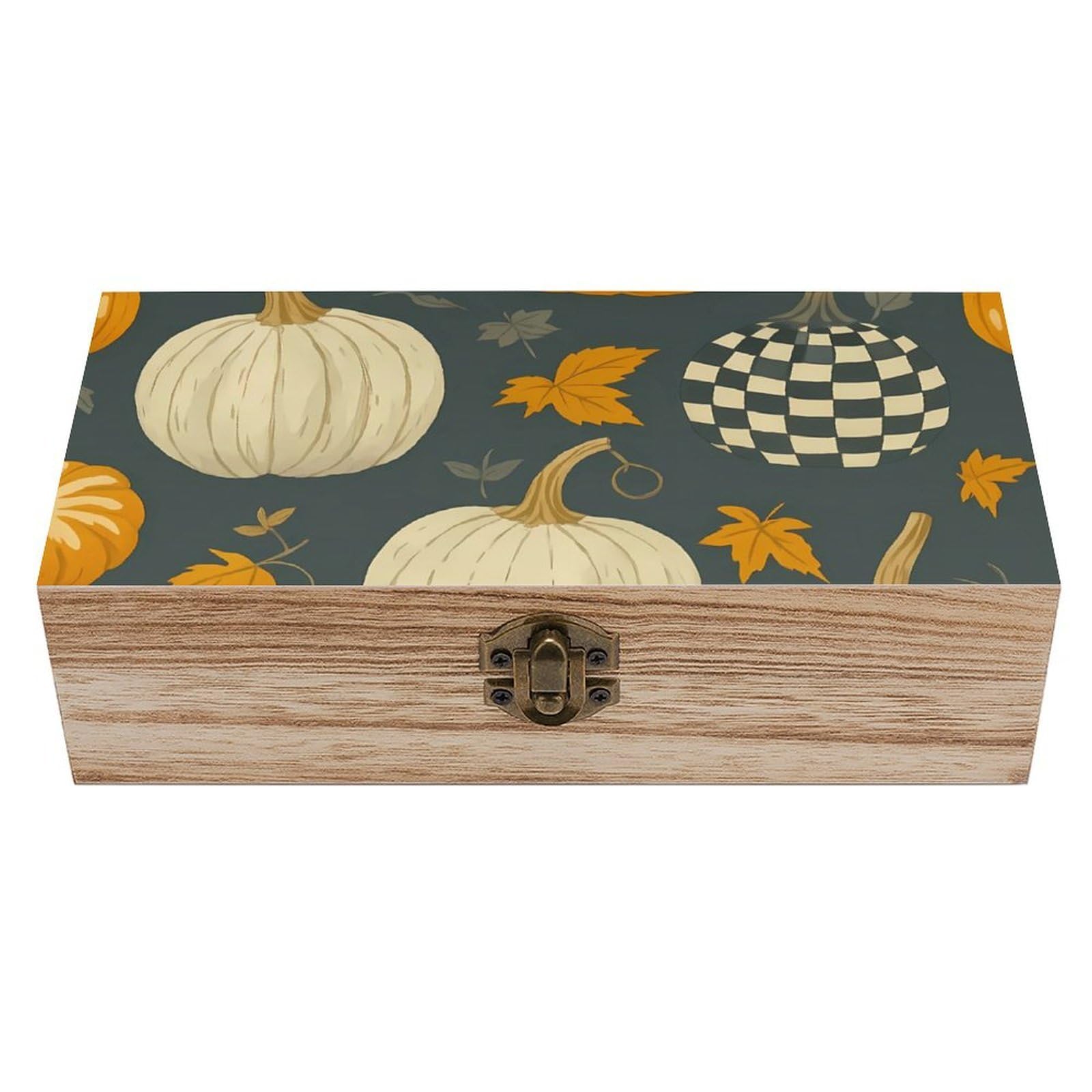 HLBSDM Checkered Pumpkin & Orange White Pumpkins Retro Wooden Storage Box Jewelry Art Gift Boxs Decorative Keepsake Boxes