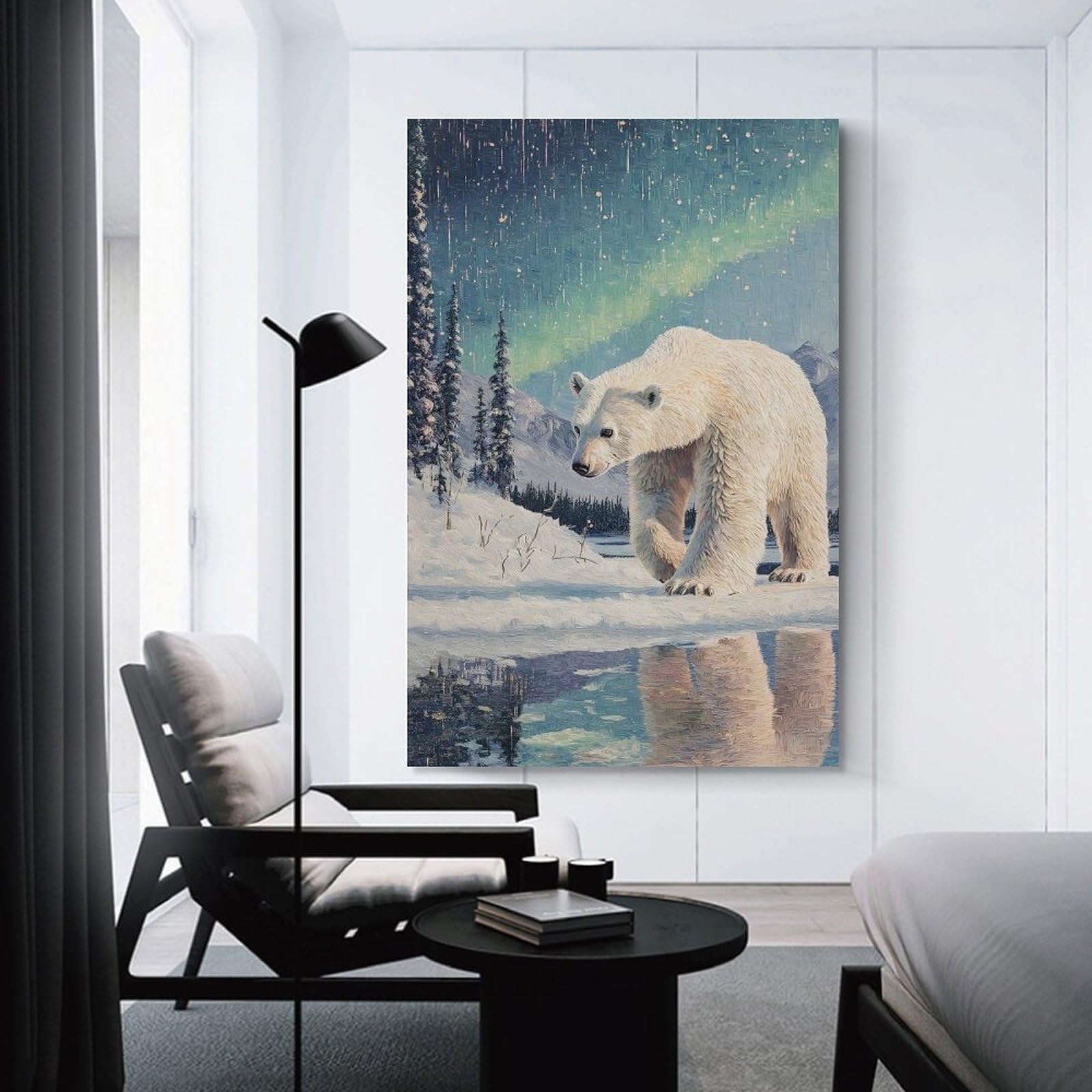 Junmoney Polar Bear Under Aurora Borealis Hanging Wall Art, 12x18inch(30x45cm), for New Homes, Bedrooms Or Workspaces, Thoughtful Wall Decor for Art Lovers