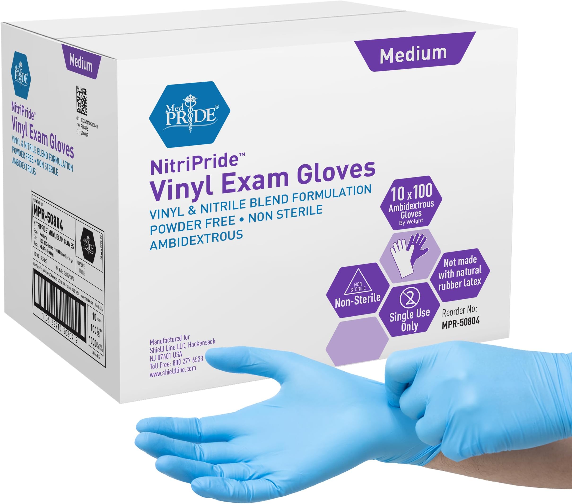 MED PRIDE Nitrile/Vinyl Blend Exam Gloves, Powder-Free, Latex-Free, Disposable, Non-Sterile, Blue (1000, Medium)