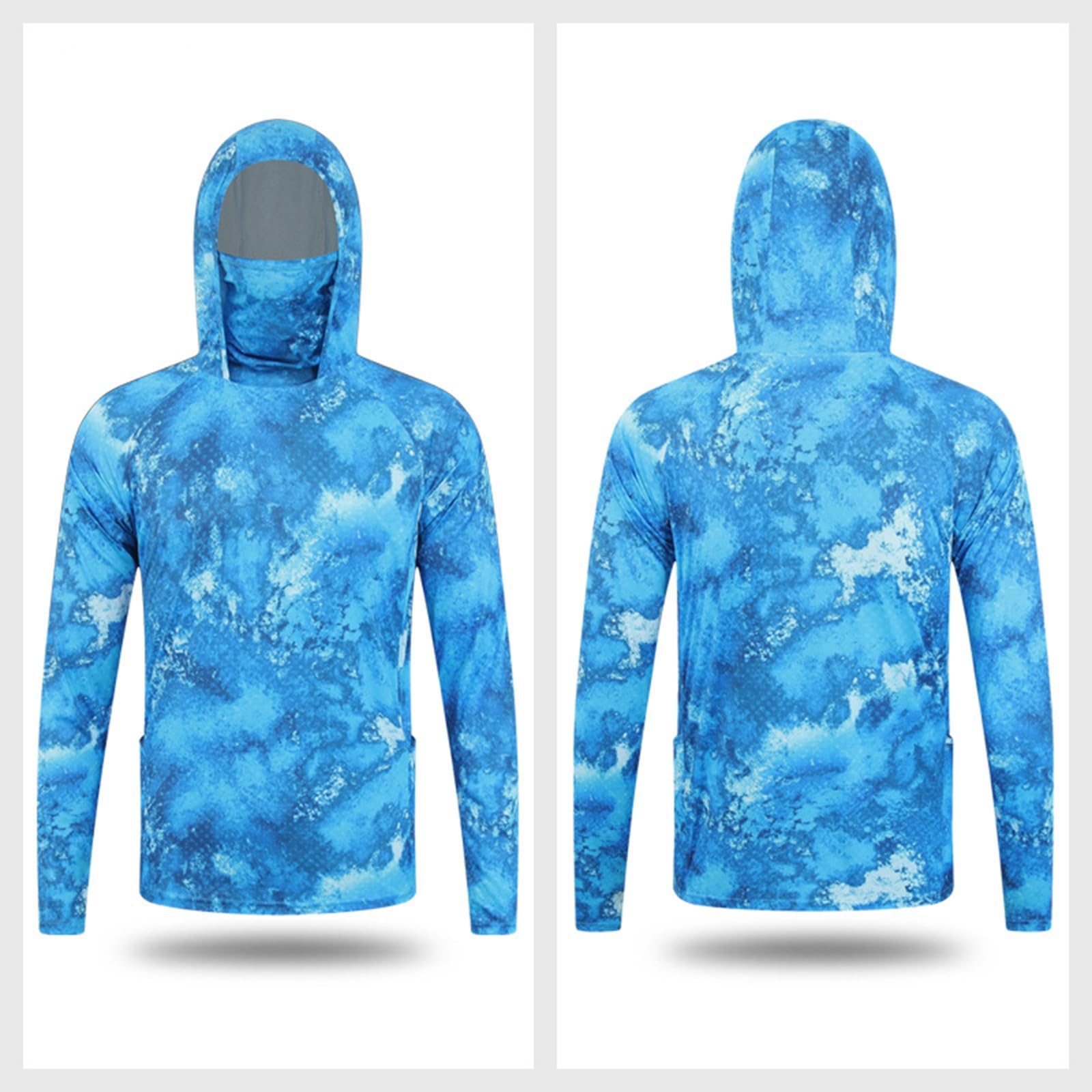 Générique T Shirt Anti UV Homme Capuche UPF50+ Chemise de pêche à Manches Longues Sweat à Capuche Protection Solaire Tee Shirt Anti-UV Respirant à Séchage Rapide (Masque Intégré)
