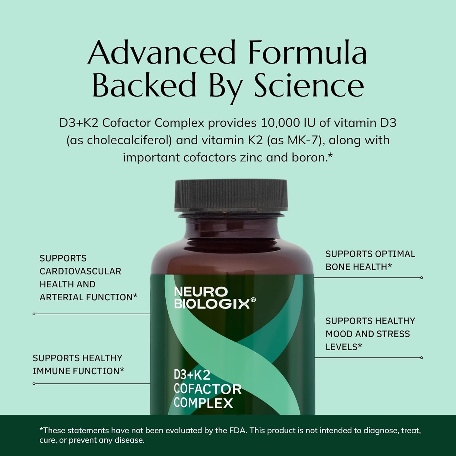 Neurobiologix Vitamin D3 + K2 Cofactor Complex, High Potency 10,000 IU Vitamin D3 K2 MK-7 Zinc & Boron, Bone Strength, Cardiovascular Sup, 60 Capsules