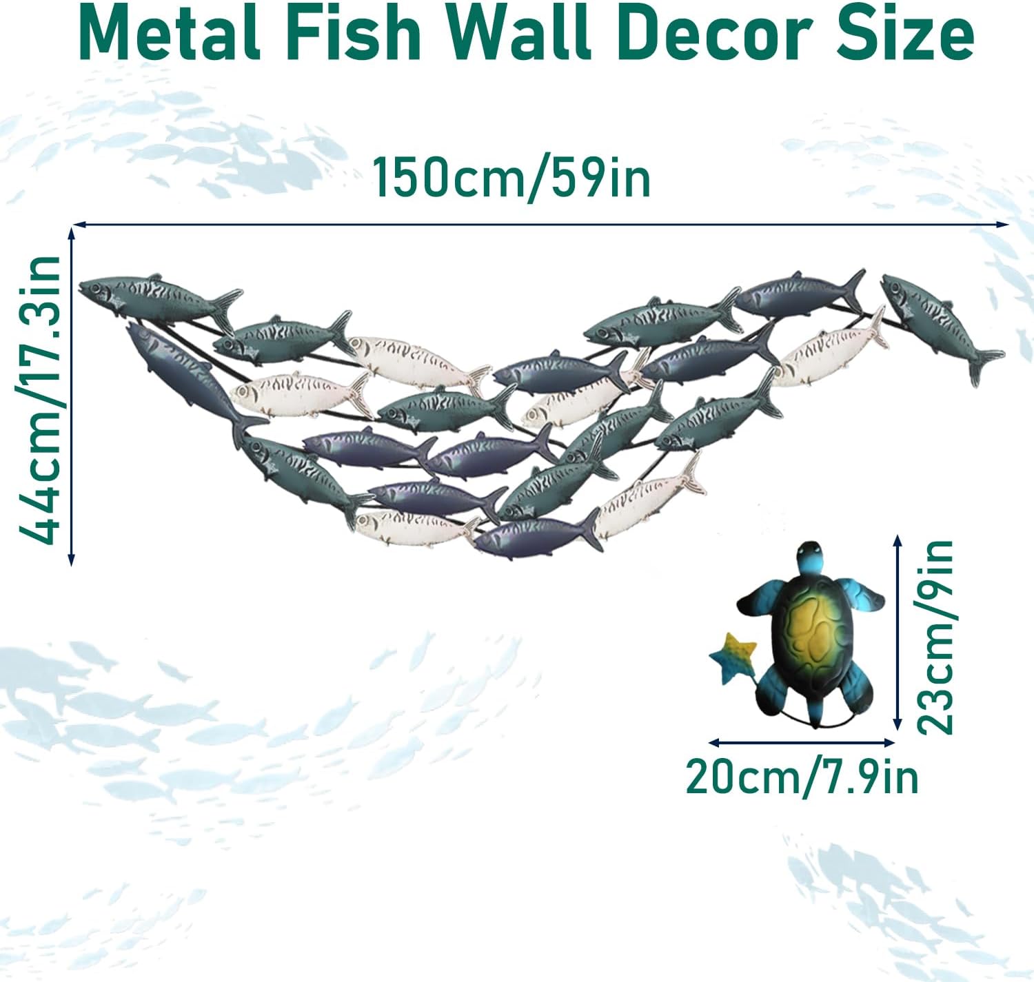 jvsufuik Metal Fish Wall Decor, Coastal Nautical Wall Art -Large Metal Fish Wall Sculpture with 2 Turtles, Size 59"X 17.3"