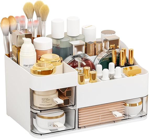 SuoXing White Make up Organizers for Vanity,Large Plastic Bathroom Counter Organizer With Drawers,Skincare Organizers and Cosmetic Storage for Dresser Top Skin Care,Beauty Products and Brush Holder