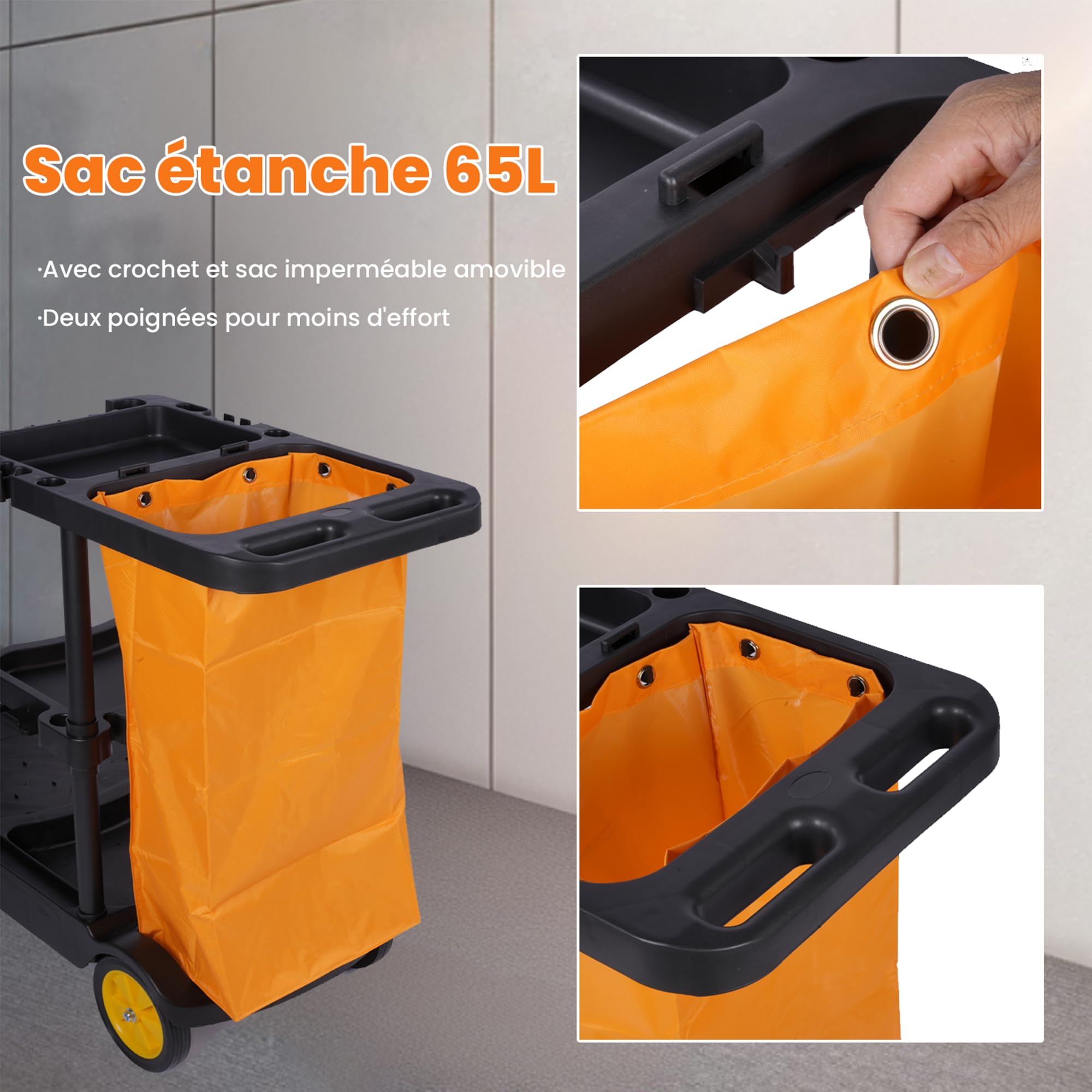uyoyous Chariot de Ménage Professionnel 3 Niveaux, Chariot de Nettoyage 113 x 56 x 93 cm avec 65 L Sac Déplacement Outil D’Entretien Lavage pour Hôtel Bureau Noir