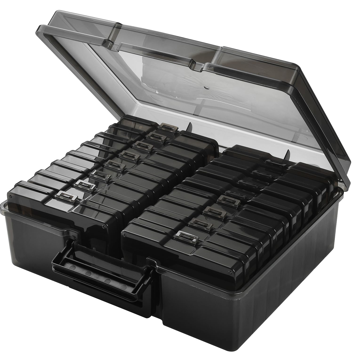 Haundry Photo Storage Box with 16 Inner 4" x 6" Photo Case, Portable Storage Organizer with Handle Craft Keeper for Picture, Stickers, Stamps, Screws, Hair Clips, Black