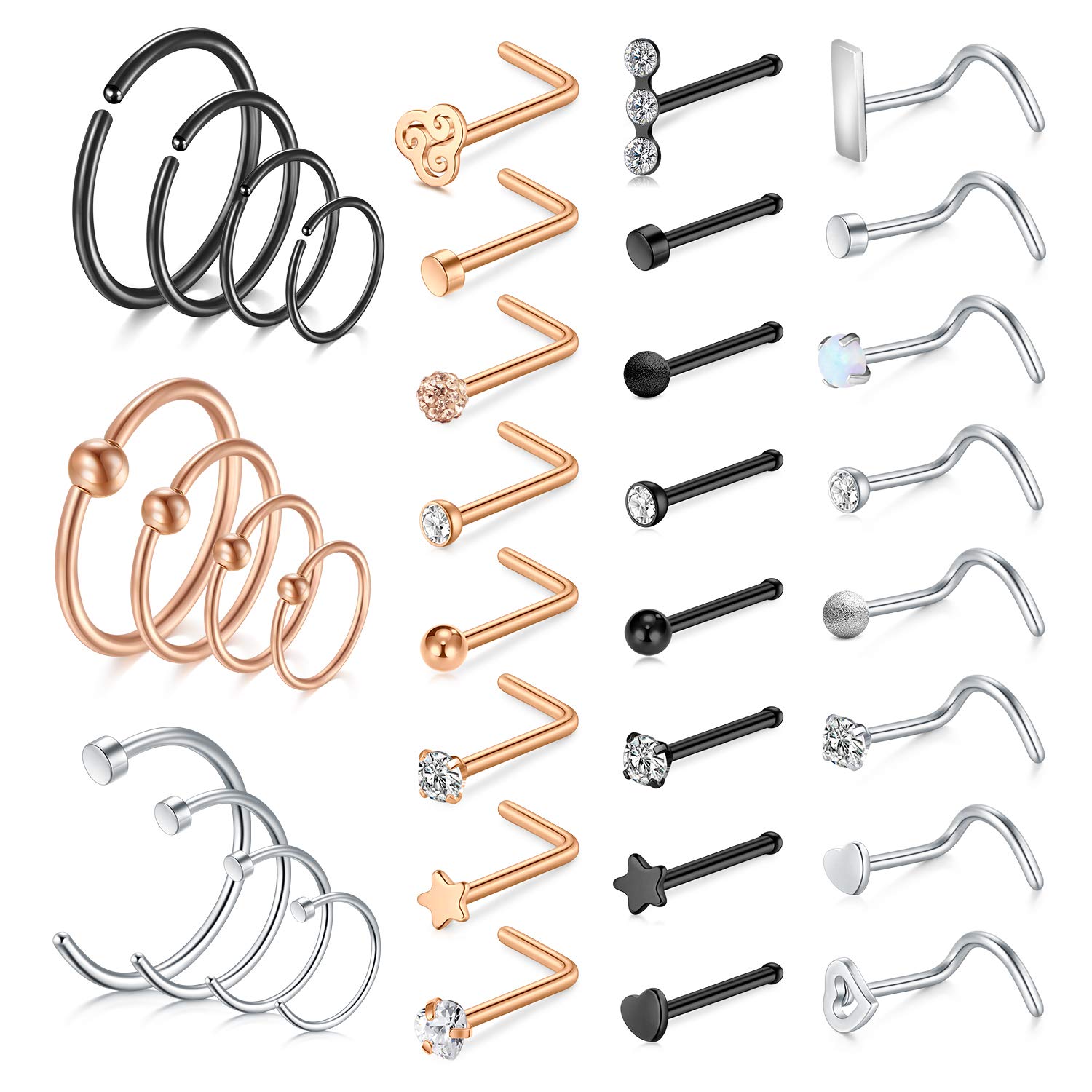 RajnardPiercing Nariz Acero Quirúrgico 24-30pcs Cristal de Colores L Forma Anillo Nariz Espiral 20G Mujeres y Niñas