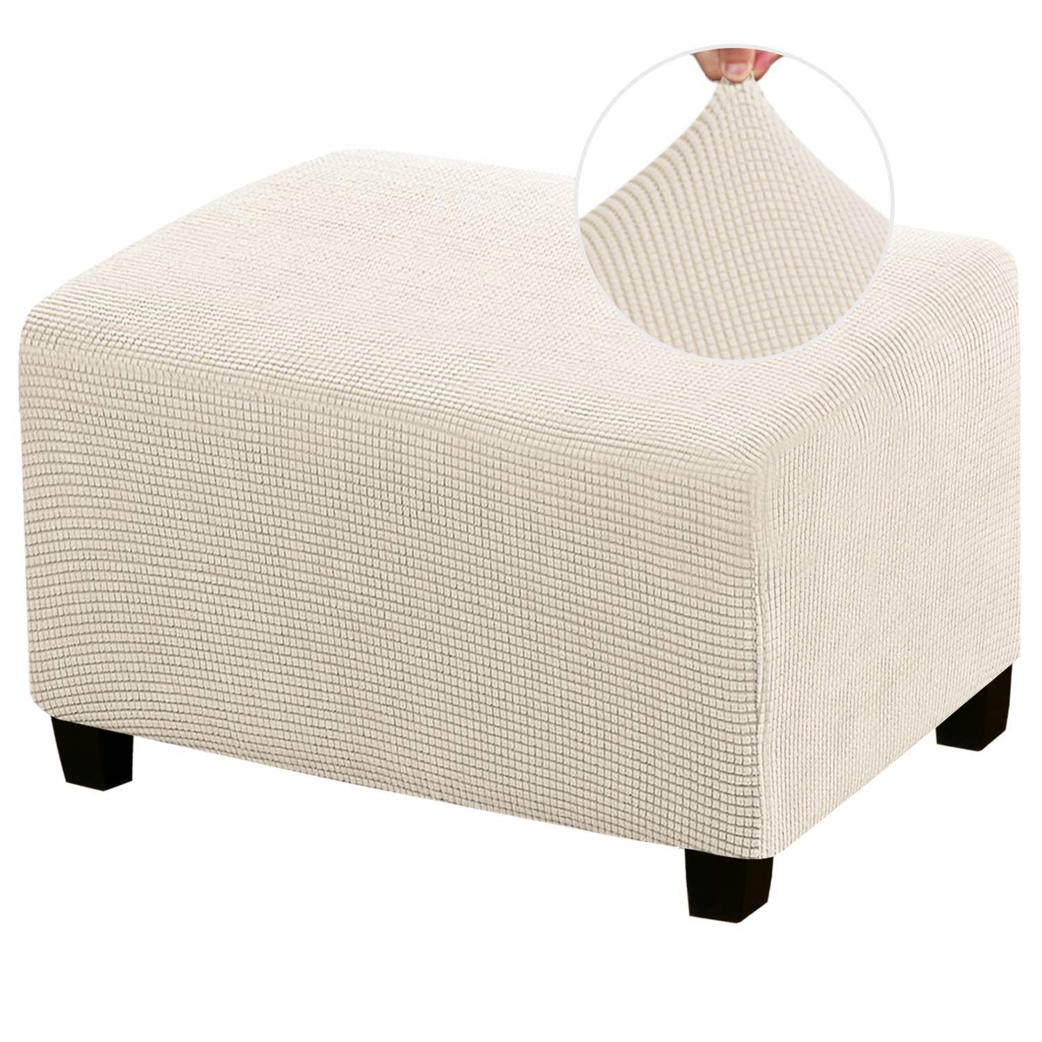 PrinceDeco Stretch Ottoman Cover Slipcovers Rectangle for Living Room Foot Stool Covers to Fit Ottoman Foot Rest, Checked Jacquard Fabric with Elastic