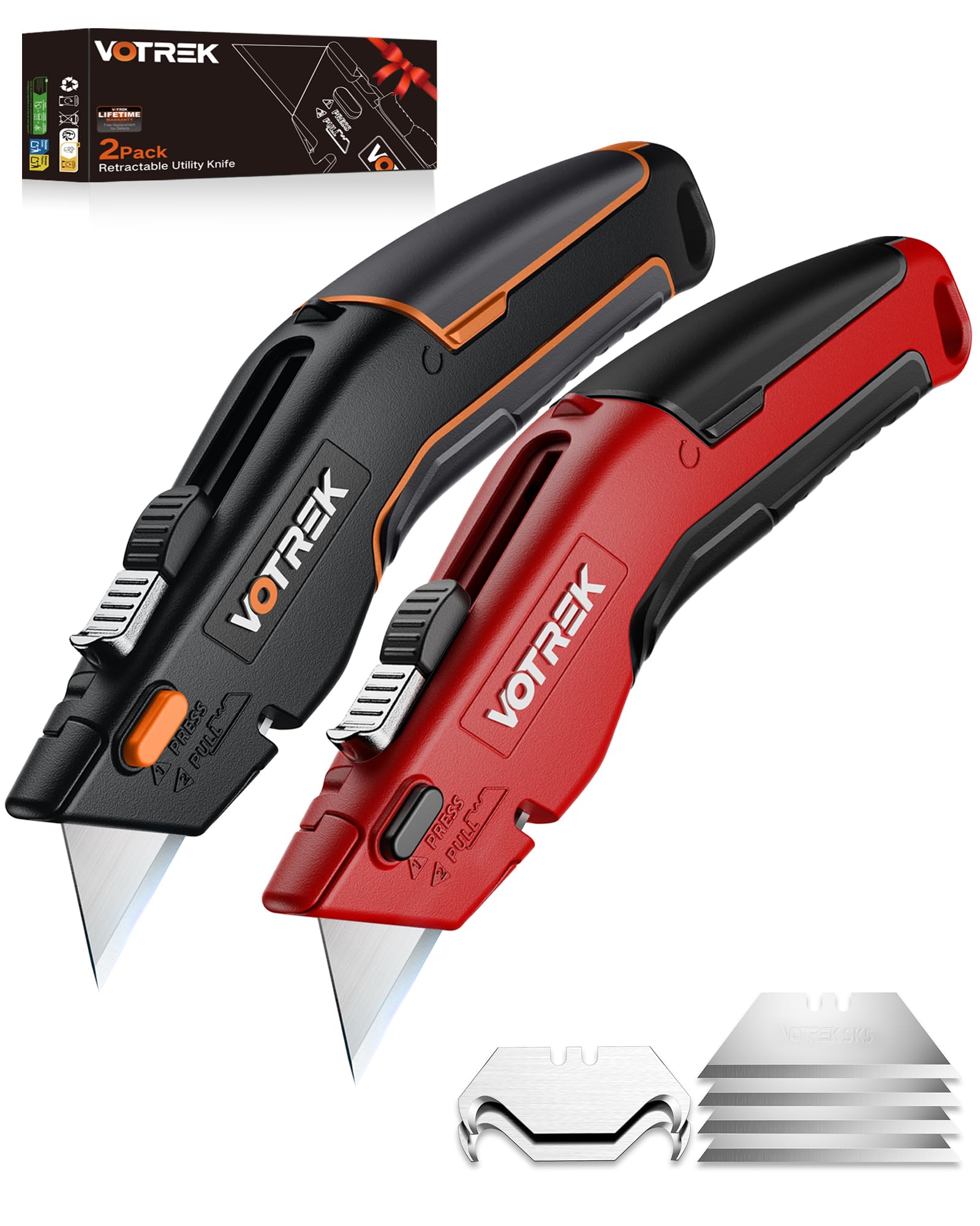 Box Cutter Utility Knife, [2-in-1] Retractable Box Cutter, Safety Heavy Duty Sharp Razor Knife for Home &amp; Warehouse Cardboard, Blade Storage, with Extra Razor &amp; Hook Blades, 2 Pack-Black+Red